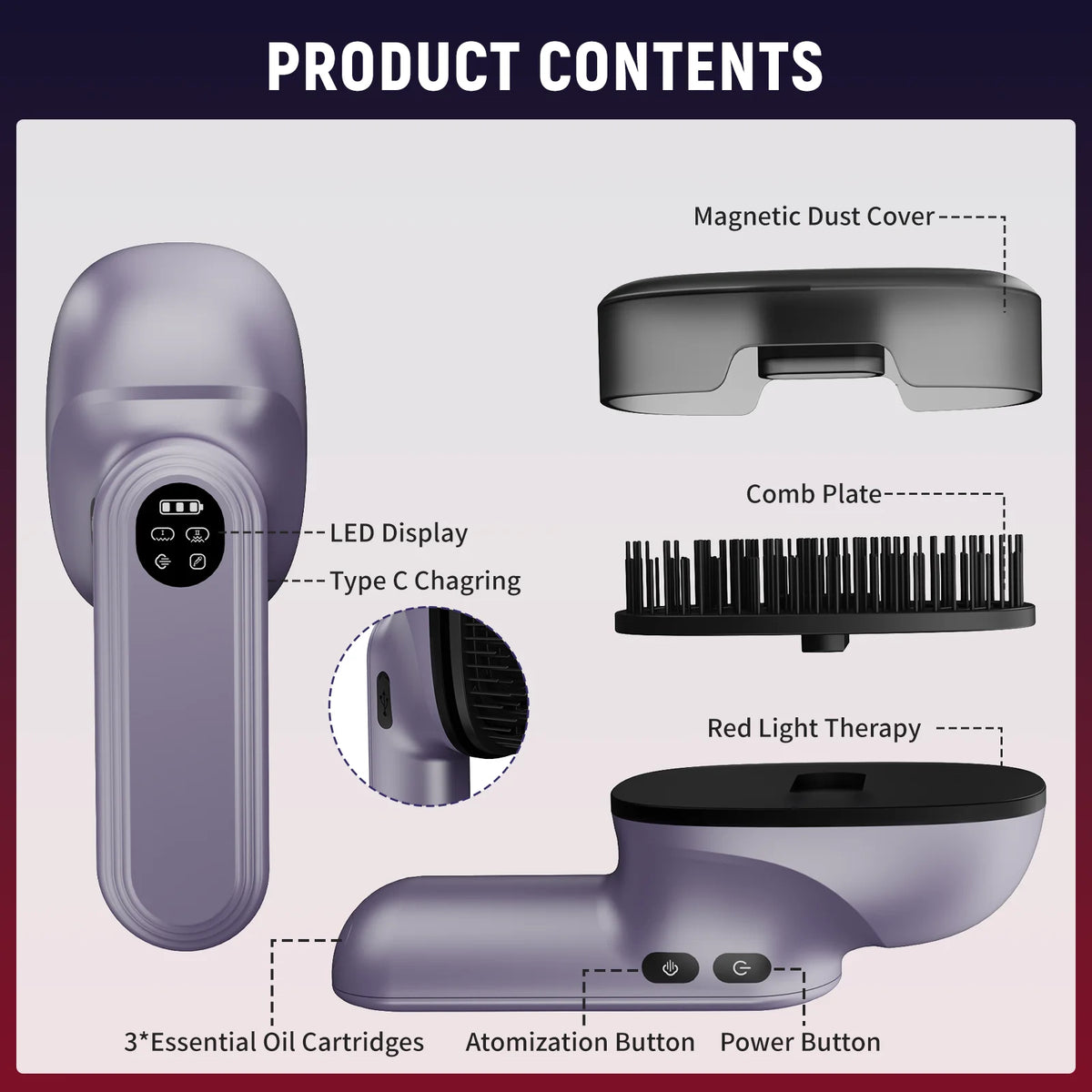 Red Light Scalp Massager Comb with Essential Oil Atomizer, 2400RPM High Frequency 360° Kneading Hair Brush, 167 Massage Bristles 2 Speeds 1000mAh Rechargeable Type-C, 3 Oil Cartridges, Washable Comb for Men Women Hair & Scal