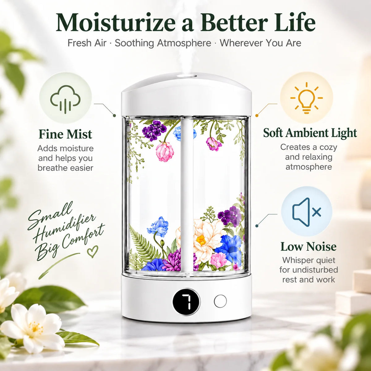 Mini Desktop Humidifier with Digital Display, Fine Mist, Quiet Operation & Ambient Light for Bedroom Office, Machine Only