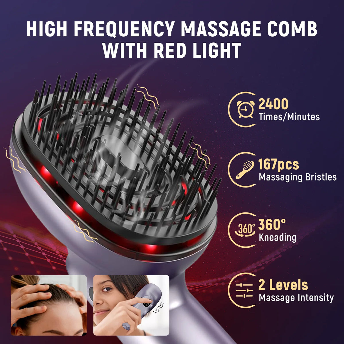 Red Light Scalp Massager Comb with Essential Oil Atomizer, 2400RPM High Frequency 360° Kneading Hair Brush, 167 Massage Bristles 2 Speeds 1000mAh Rechargeable Type-C, 3 Oil Cartridges, Washable Comb for Men Women Hair & Scal