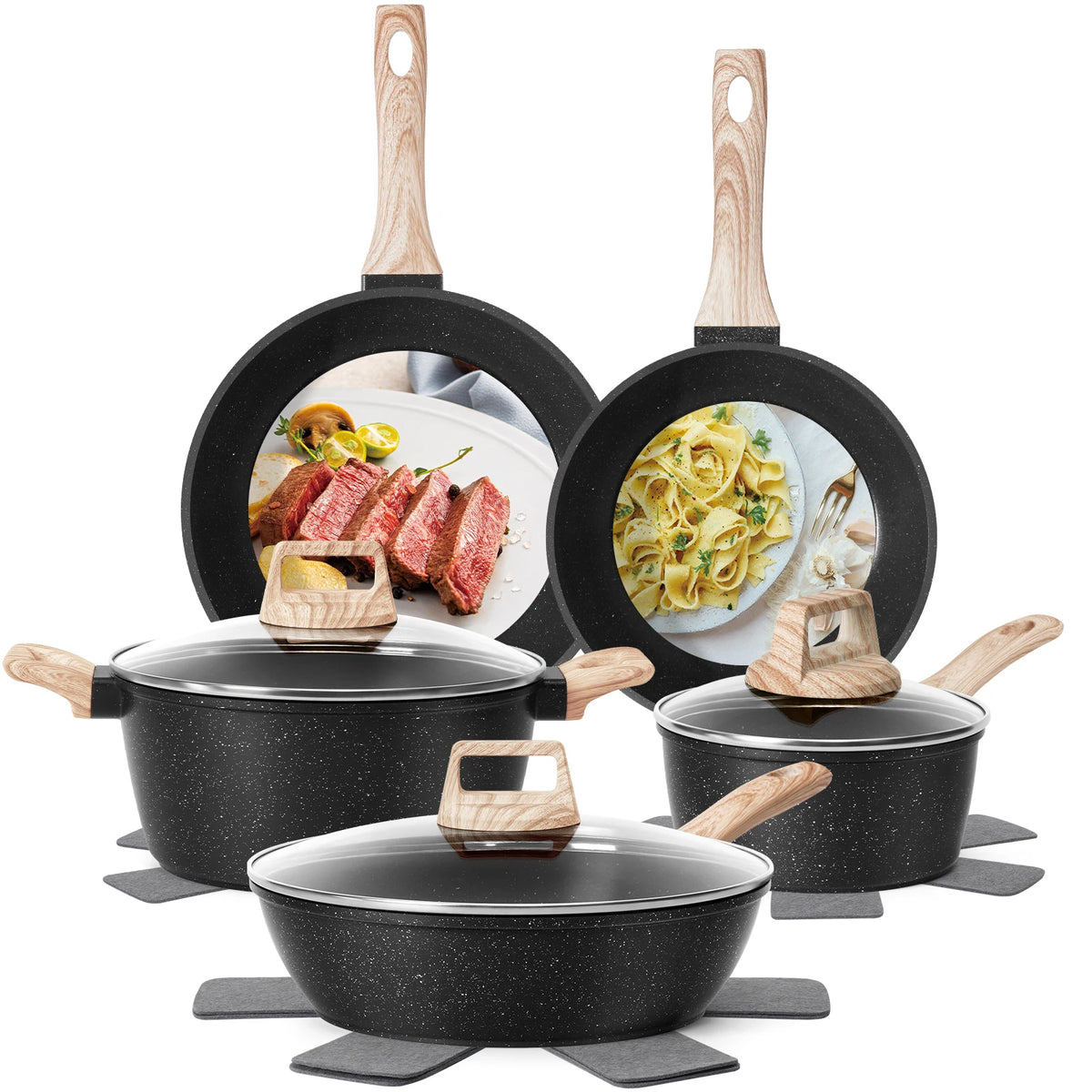 12 Pieces Non-Stick Granite Cookware Set, Healthy Ceramic Pots & Pans with Pan Protectors, Induction Ready Stackable Kitchen Cooking Set, Dishwasher Safe