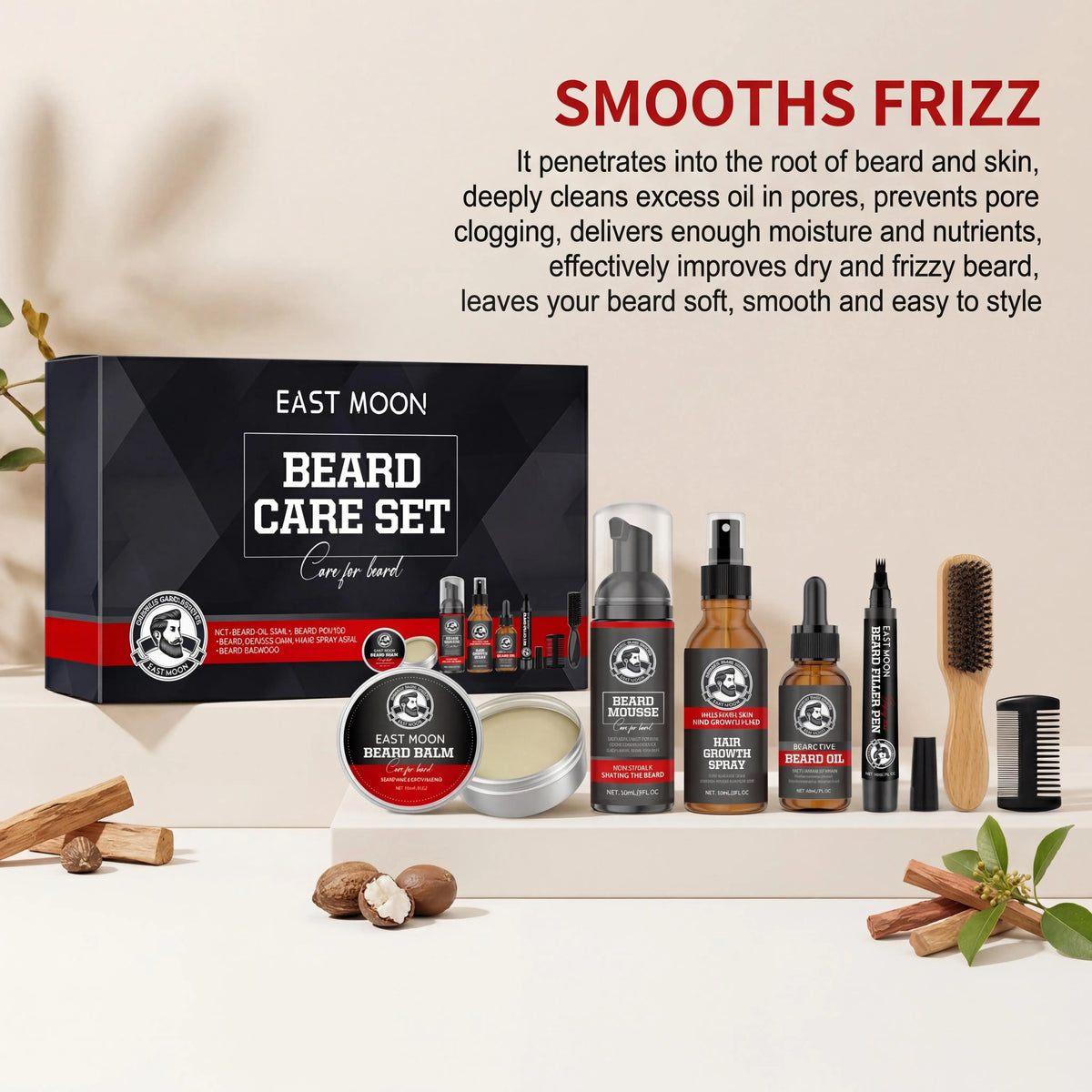 Beard Grooming Kit Shea Butter Sandalwood Scent Nourishing Set for Men Softens Hydrates Tames Frizz Daily Maintenance Routine Skincare