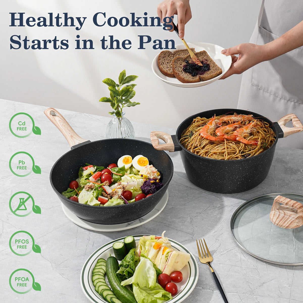 12 Pieces Non-Stick Granite Cookware Set, Healthy Ceramic Pots & Pans with Pan Protectors, Induction Ready Stackable Kitchen Cooking Set, Dishwasher Safe