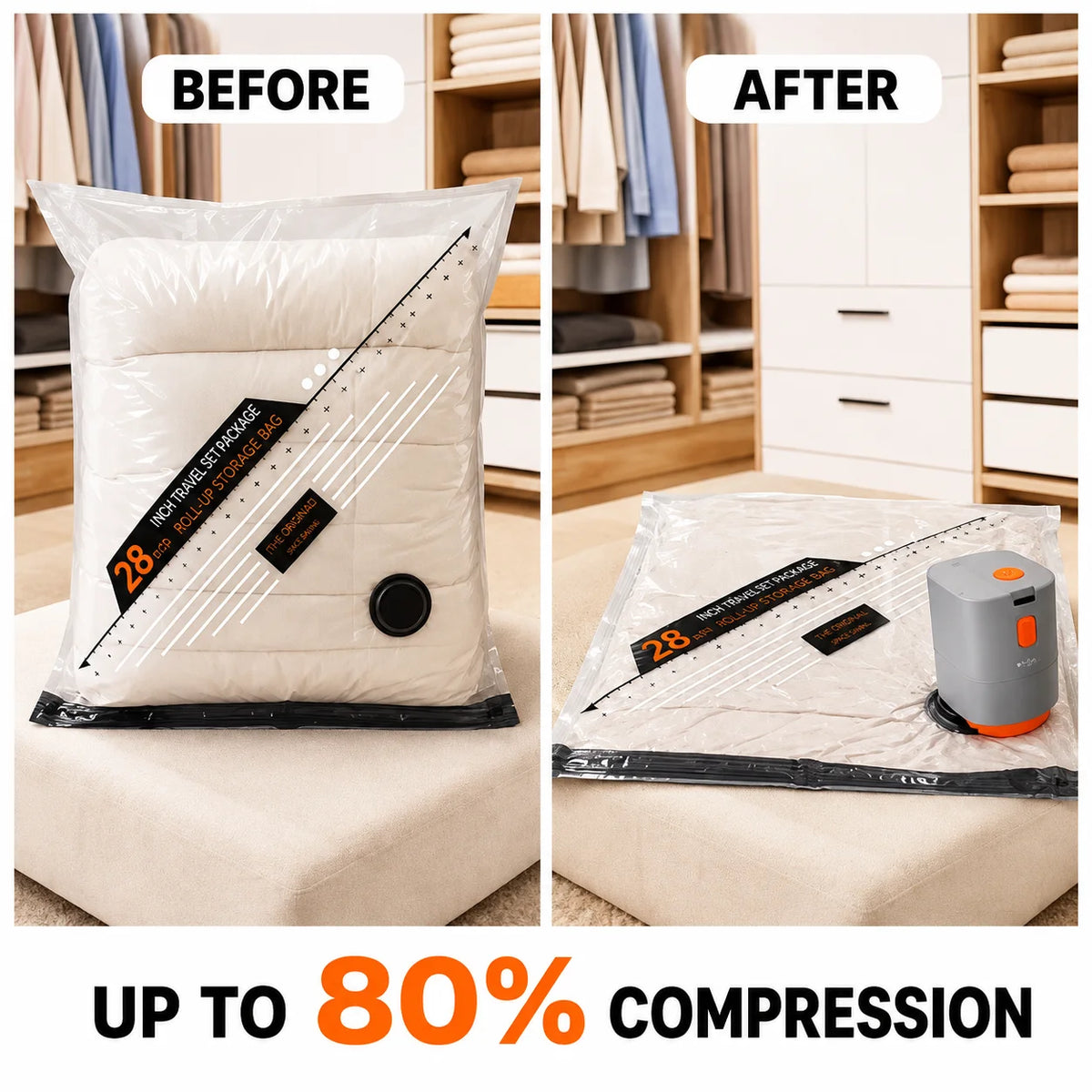 Electric Air Pump for Vacuum Seal Bags, Reusable Travel Space Saver Bags, Cordless Clothes Storage Compression Bag Organizer