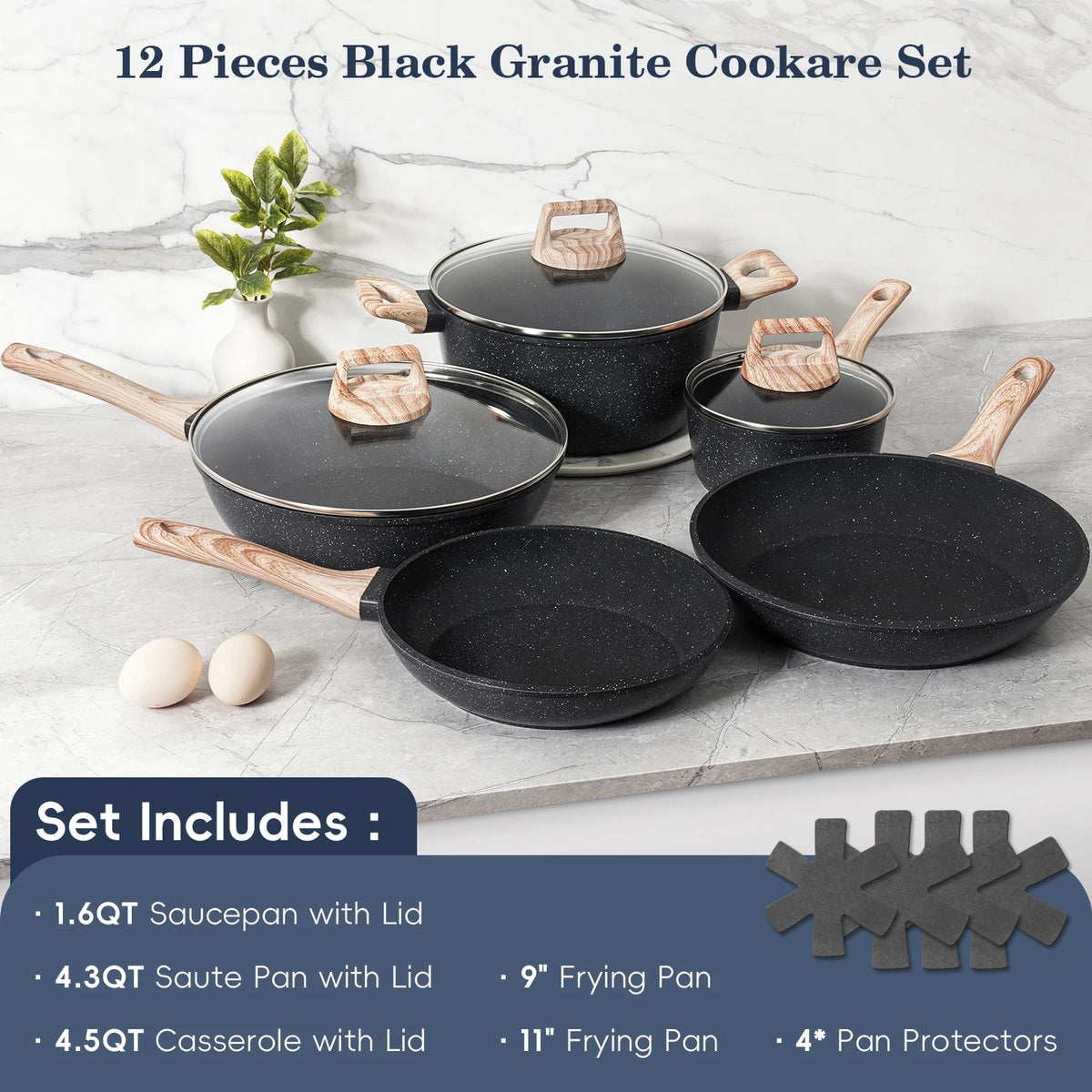 12 Pieces Non-Stick Granite Cookware Set, Healthy Ceramic Pots & Pans with Pan Protectors, Induction Ready Stackable Kitchen Cooking Set, Dishwasher Safe
