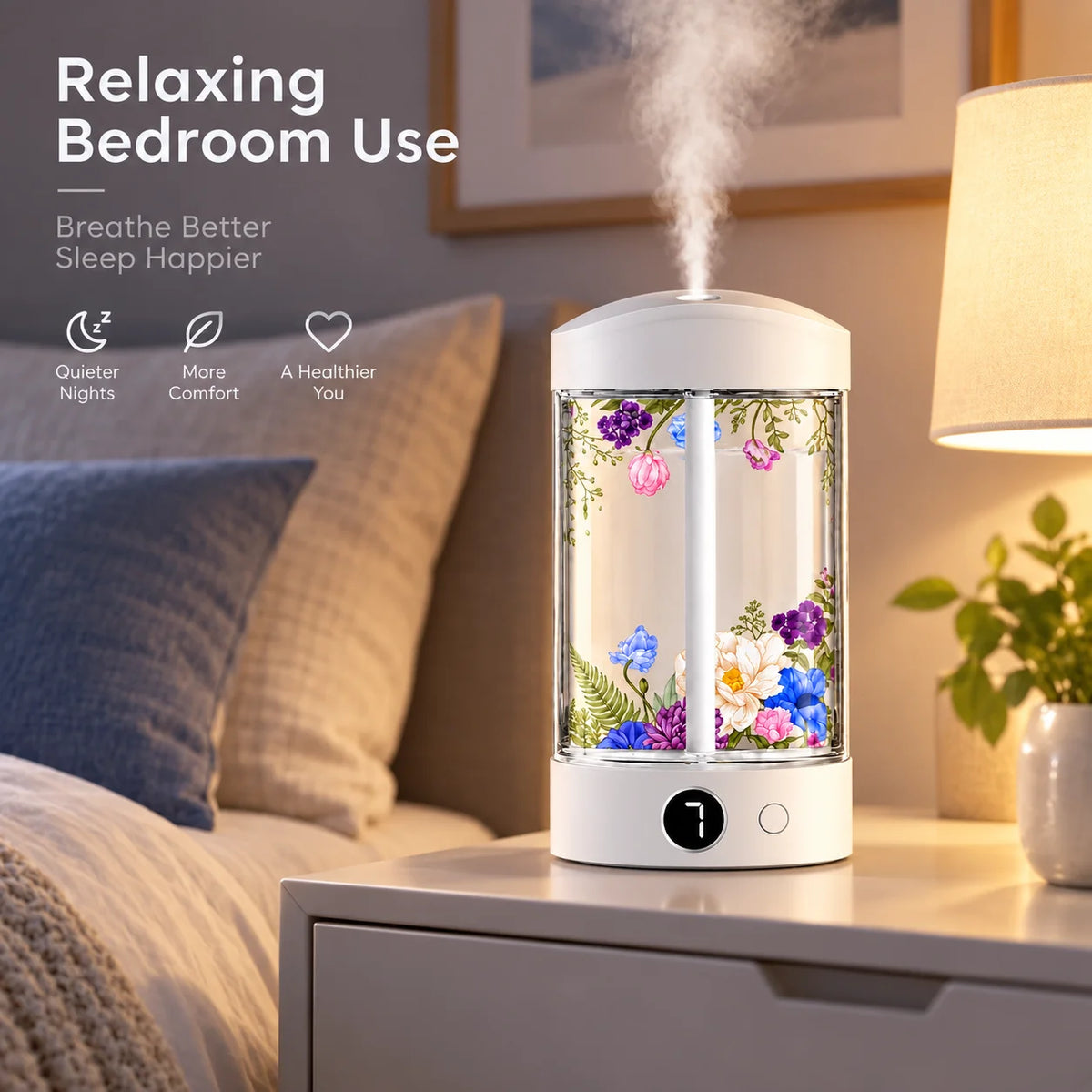 Mini Desktop Humidifier with Digital Display, Fine Mist, Quiet Operation & Ambient Light for Bedroom Office, Machine Only
