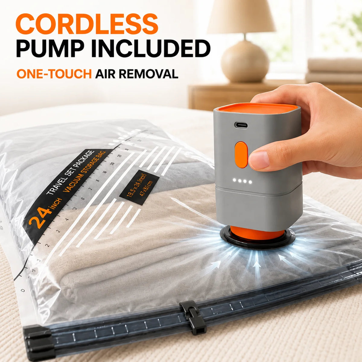 Electric Air Pump for Vacuum Seal Bags, Reusable Travel Space Saver Bags, Cordless Clothes Storage Compression Bag Organizer
