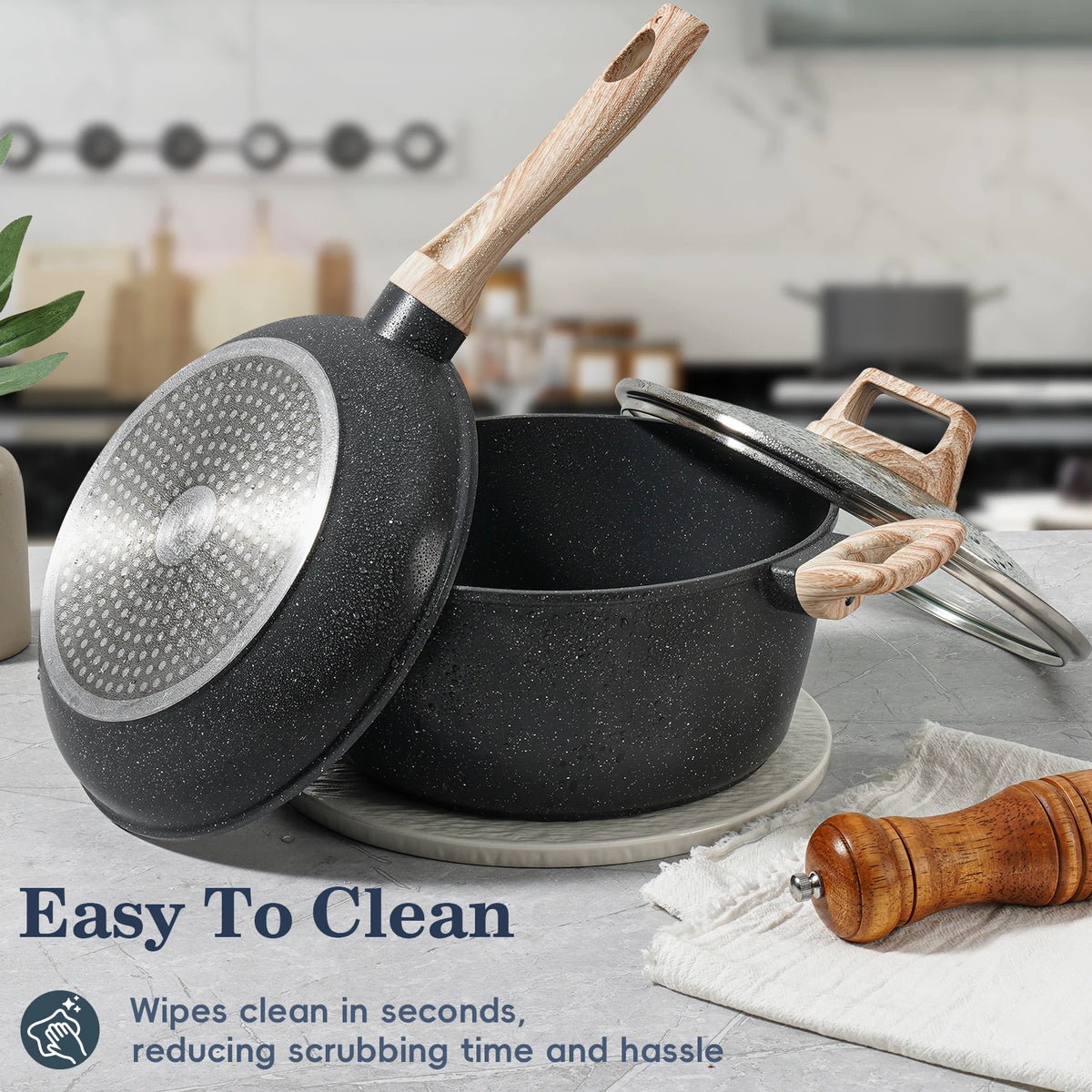 12 Pieces Non-Stick Granite Cookware Set, Healthy Ceramic Pots & Pans with Pan Protectors, Induction Ready Stackable Kitchen Cooking Set, Dishwasher Safe