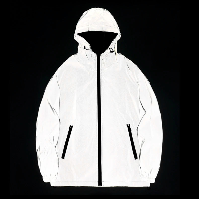 NEW SIZE Night Reflective Jackets Double Fabric Windbreaker Hooded Jacket Men Hip Hop Dancer Waterproof Zipper Coats Outwear