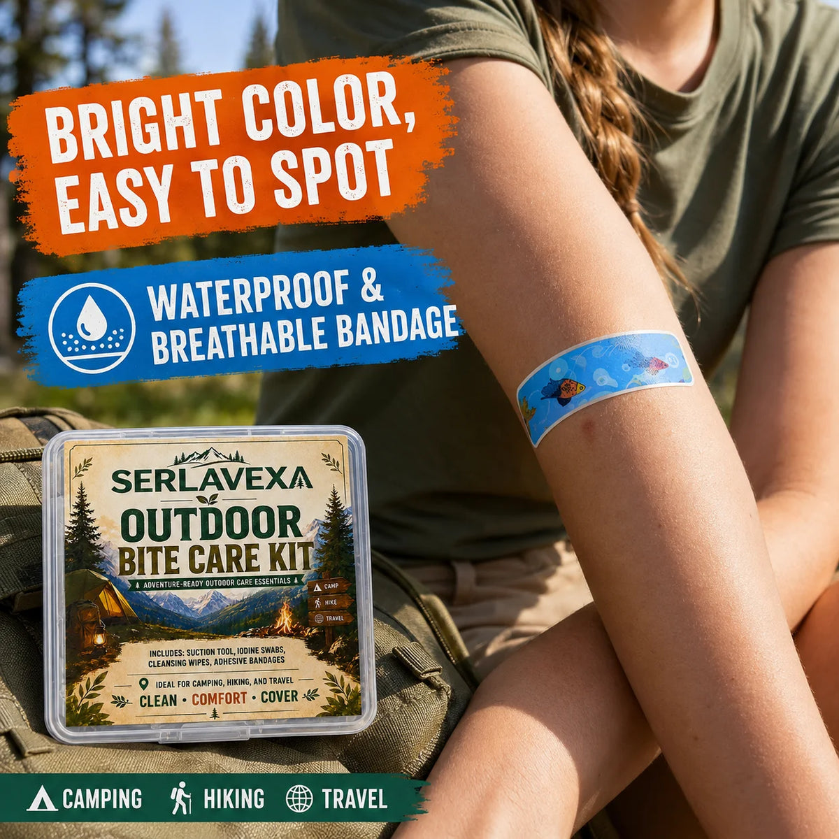Camping Hiking Outdoor Care Kit with Manual Suction Tool Cleansing Swabs, Wipes and Bandages for Travel and Daily Carry