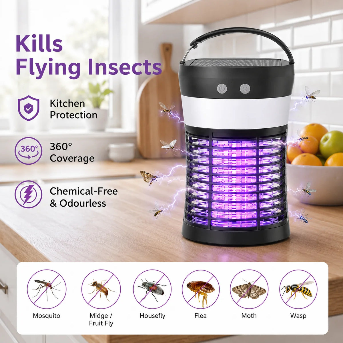 3000V Solar Mosquito Killer with 360° UV & 10H Runtime – USB-C Charging, 3 Lighting Modes, Safe for Kids/Pets, Ideal for Patio, Camping, Garden