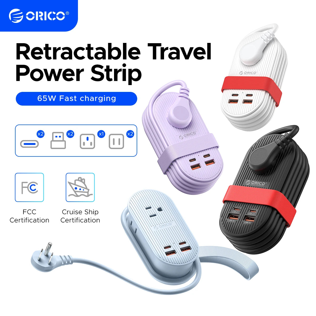 Orico 65W GaN Travel Power Strip With USB C Ports