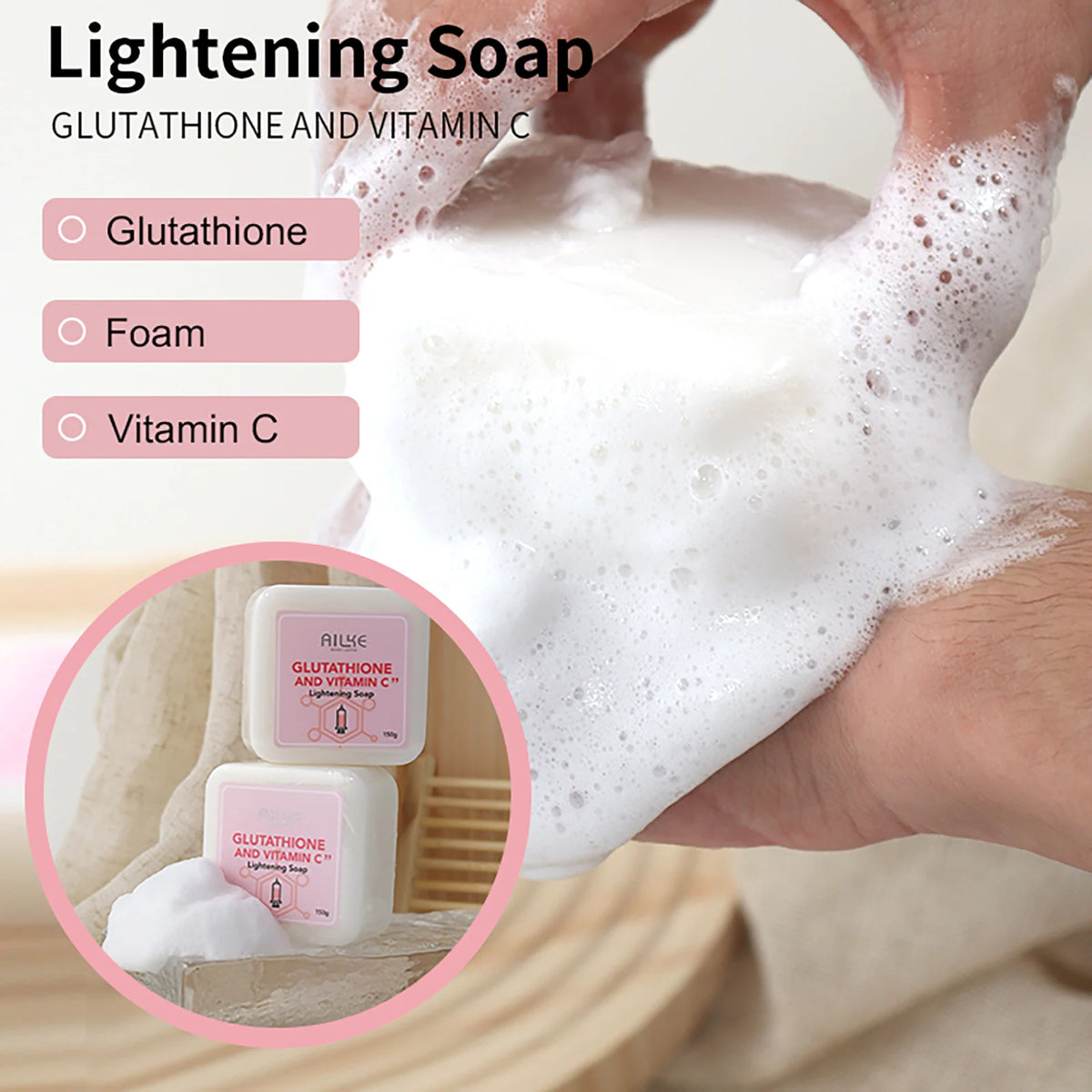 AILKE Glutathione and Vitamin C Lightening Soap Bar, Reduce Dark Spots, Nourish, Hydrate, Glowing Soap For All Skin Types, 150g