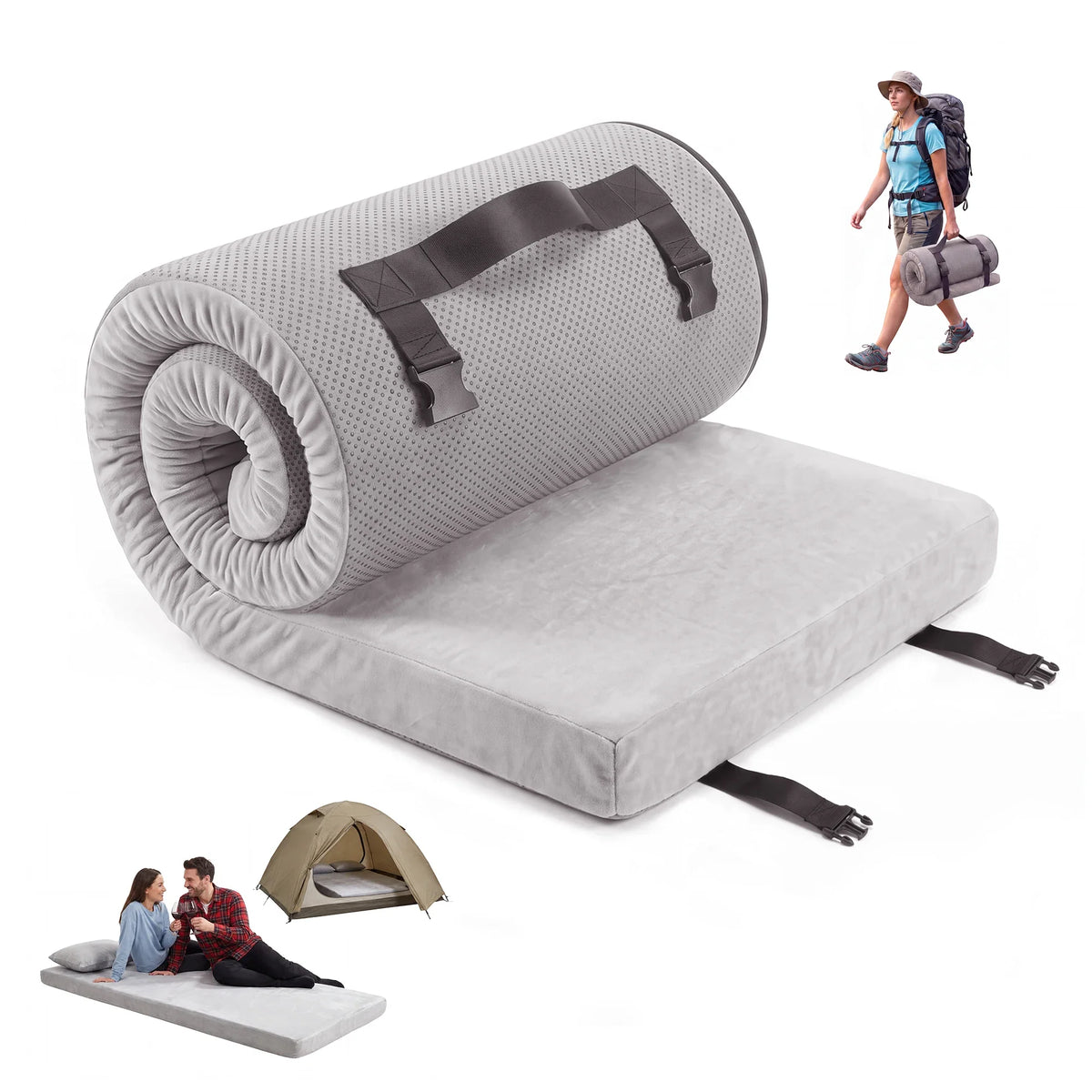 3Inch Thick Memory Foam Camping Mattress Portable Roll-Up Sleeping Pad for Outdoor & Home Use 72x24/75x54inch Gray