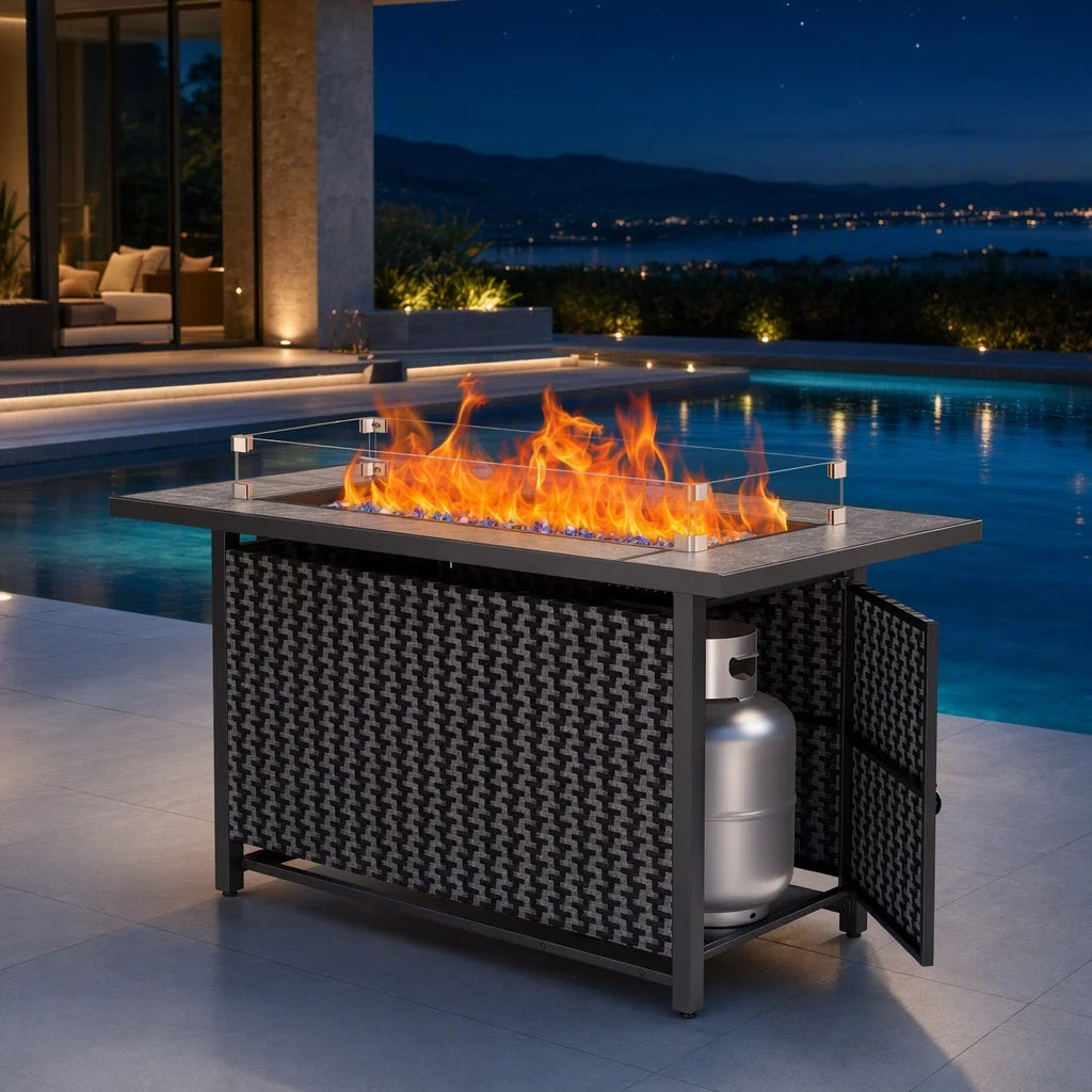 43" Outdoor Propane Fire Pit Table, 50,000 BTU Gas Fire Pit with Premium Ceramic Tabletop, Glass Wind Guard, Lid & Glass Rocks, CSA‑Certified Fire Table for Patio Backyard Party