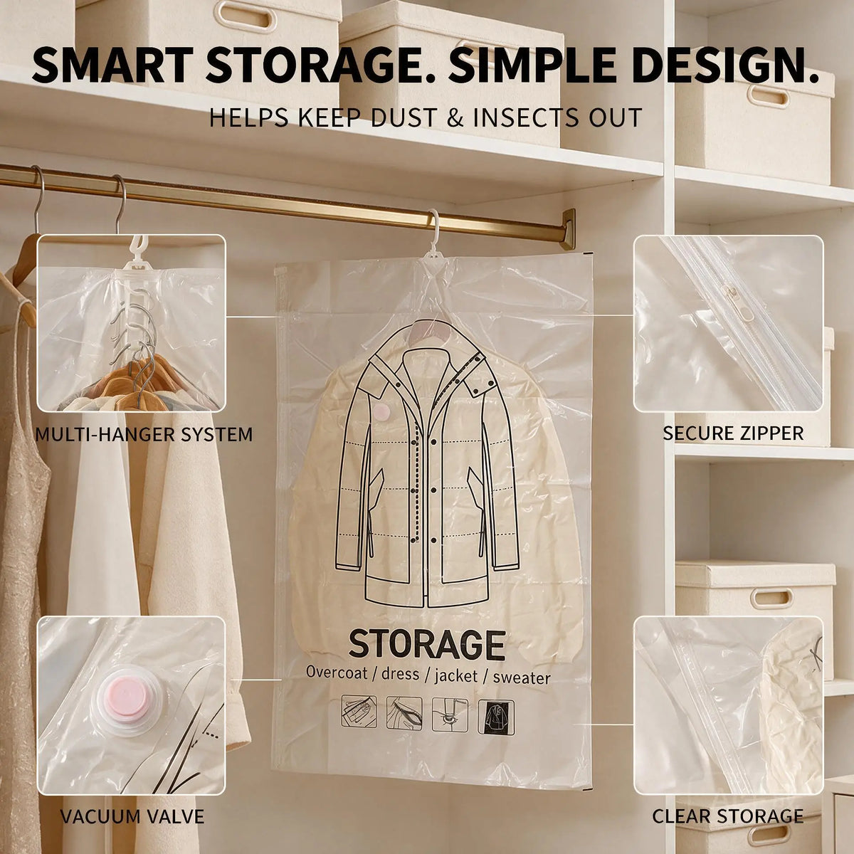 Hanging Vacuum Storage Bags for Clothes, Space Saver Garment Bags for Coats, Jackets, Dresses & Sweaters, Reusable Vacuum Seal Bags for Closet Organization, Winter Clothes, Seasonal Storage, Clear, Large Capacity, Dustproof &