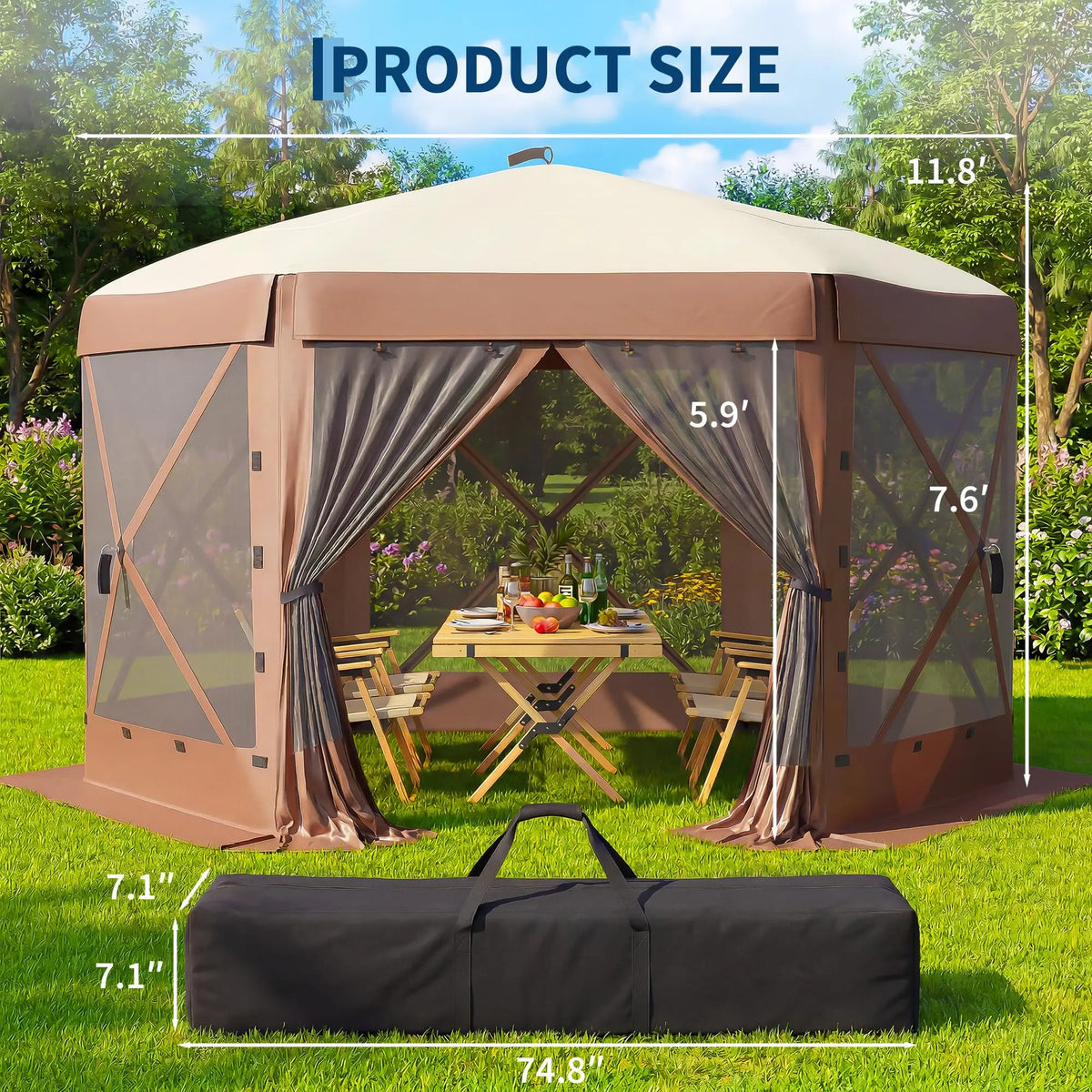 Spacious 8x8FT 11x11FT 12x12FT 6-Sided Pop-Up Shelter Screen Tent – Mesh Panels, Portable Hexagon Bug Shelter for Camping, Backyard, Patio – Easy Setup