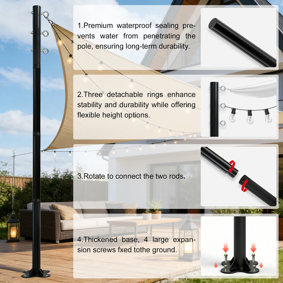 2 Pack 12ft Heavy Duty Metal Shade Sail Poles ,(Shade Sail not include)Rust-Resistant Adjustable Outdoor Support Post Kit for Patios Courtyards Backyards Gardens