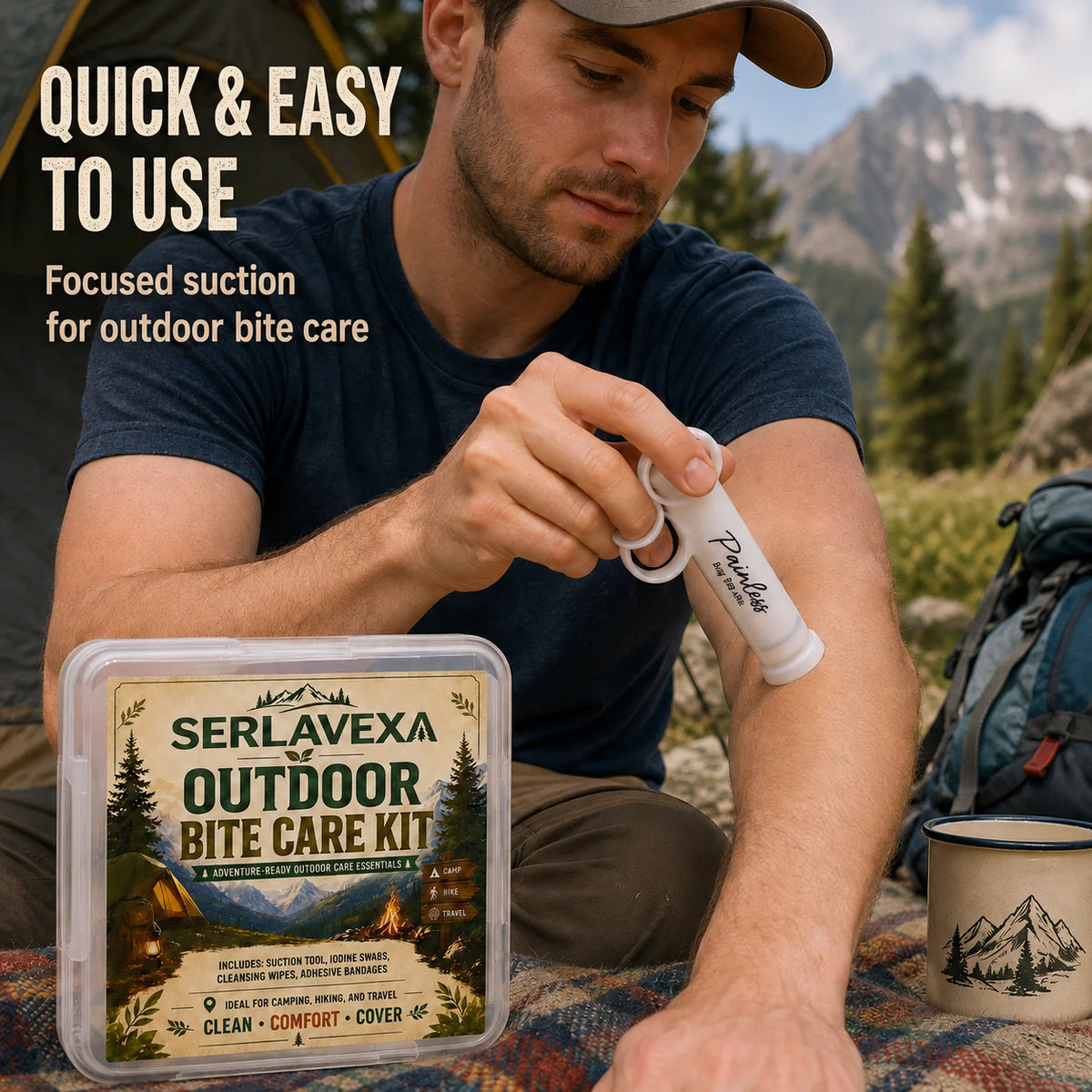 Camping Hiking Outdoor Care Kit with Manual Suction Tool Cleansing Swabs, Wipes and Bandages for Travel and Daily Carry