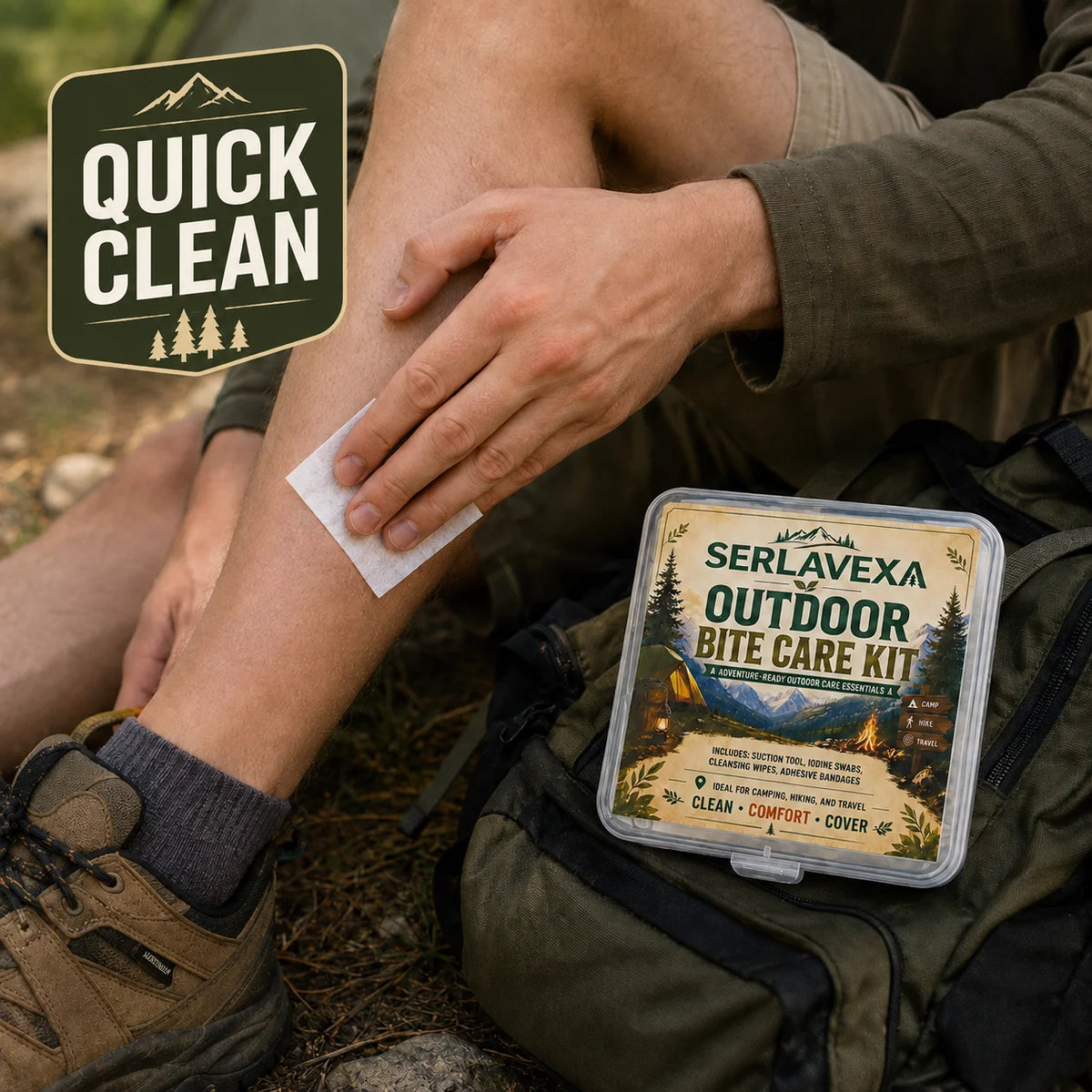 Camping Hiking Outdoor Care Kit with Manual Suction Tool Cleansing Swabs, Wipes and Bandages for Travel and Daily Carry