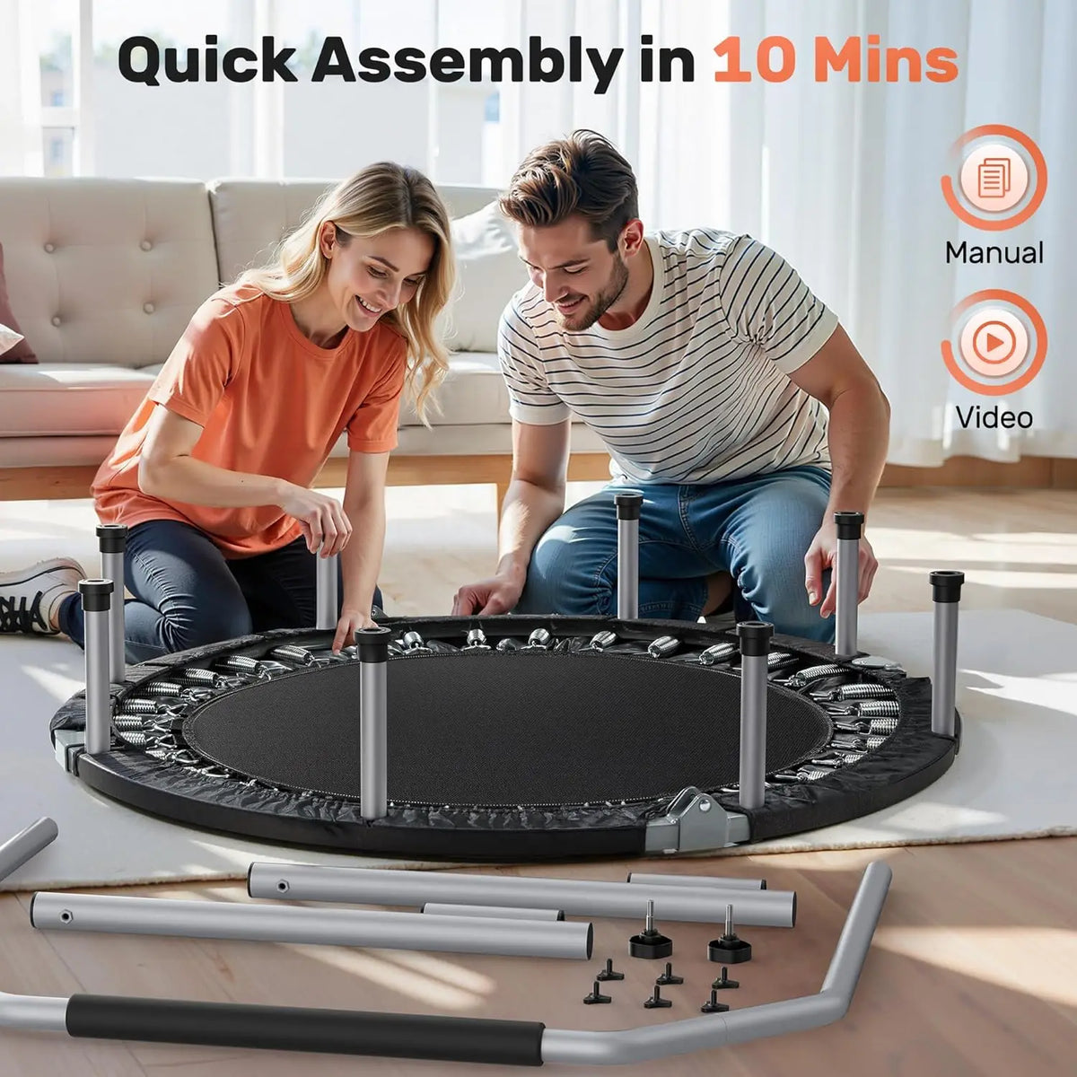 40/48ā Foldable Mini Trampoline with Adjustable Foam Handle Fitness Rebounder for Adults Max Load 440 Lbs Exercise Trampoline
