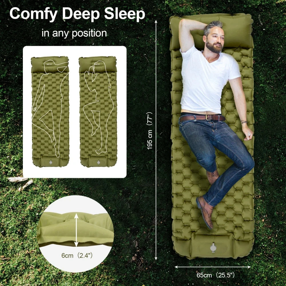 Night Cat Inflatable Sleeping Pads Mat Bed with Pillow Foot Pump for Camping Backpacking Hiking Ultra-Light Compact Comfortable Extendable 77"x25.5"