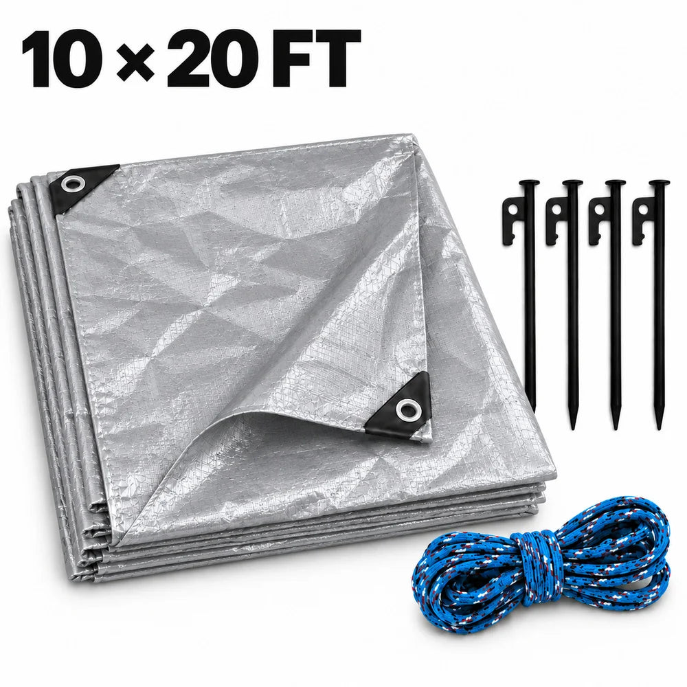 Zoe Waterproof Tarp With 20 Cm Ground Stakes And 5 M Tie Down Rope For Securing Outdoor Covers PE Tarpaulin With Grommets For Patio Furniture Firewood And Yard Equipment