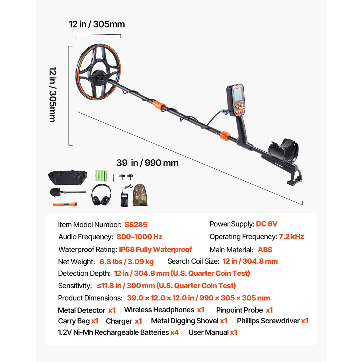 SucceBuy Waterproof Metal Detector 12” Accuracy Gold Detector Adults Display Wireless Headphones 7 Modes IP68 Treasure Hunting