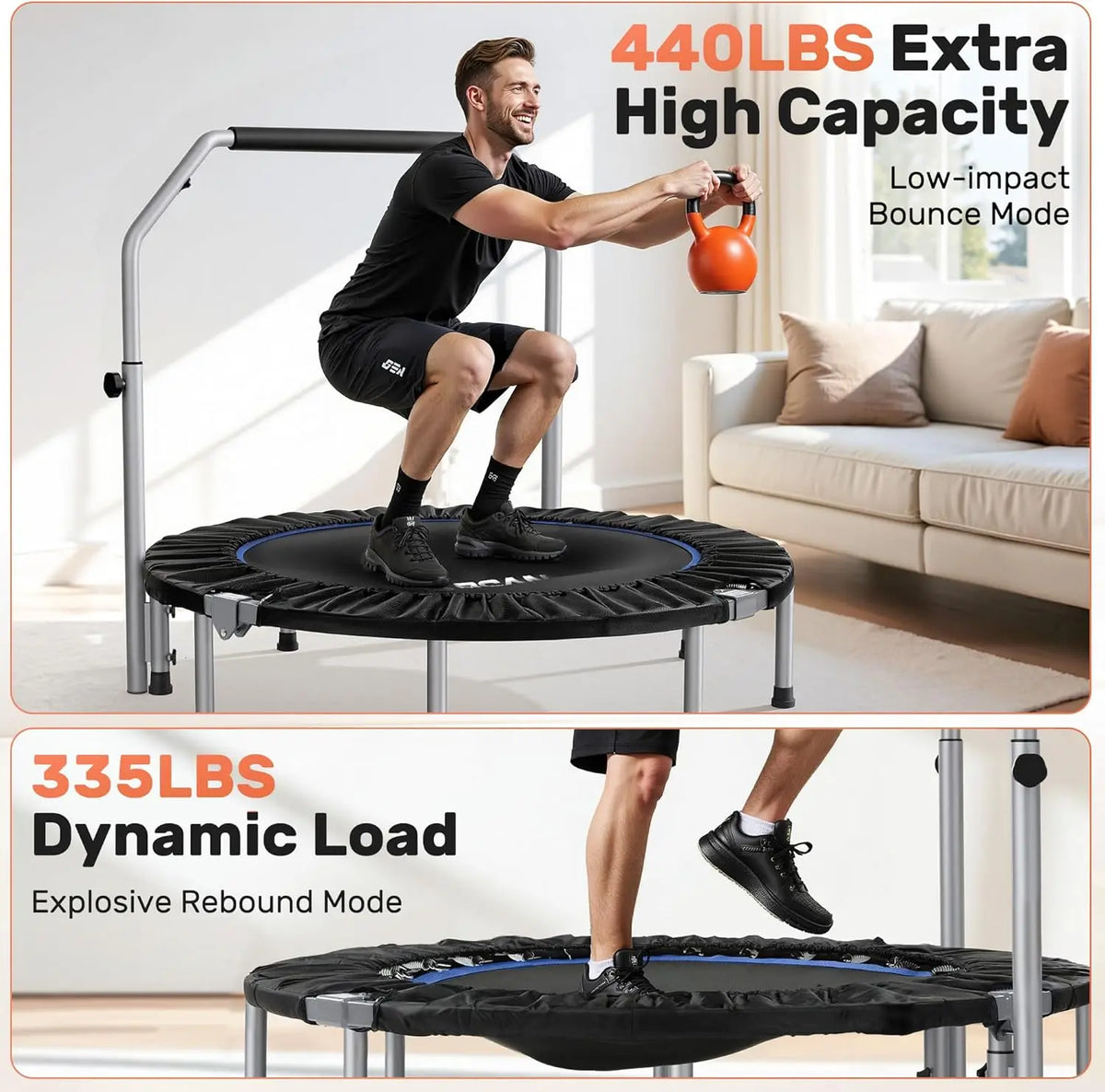 40/48ā Foldable Mini Trampoline with Adjustable Foam Handle Fitness Rebounder for Adults Max Load 440 Lbs Exercise Trampoline