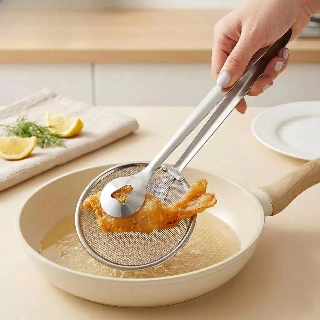 Stainless Steel Multifunctional Mesh Strainer Spoon Clip Oil Filter Colander Heat Resistant Kitchen Utensil Fried Food Salad BBQ Serving Long Handle Non Slip Durable Easy Clean Professional Kitchenware