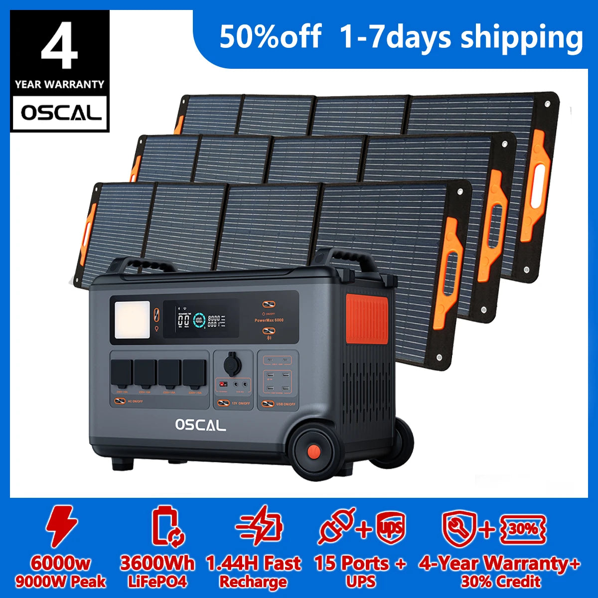 OSCAL PowerMax 6000 Whole Home Solar Generator,3600Wh LiFePO4 | 6000W (9000W Surge) | 1.96 H Charge | 240V/120V DC/AC Bi-Directional Inverter | for Home Emergency, Outdoor Camping,Hurricane Backup