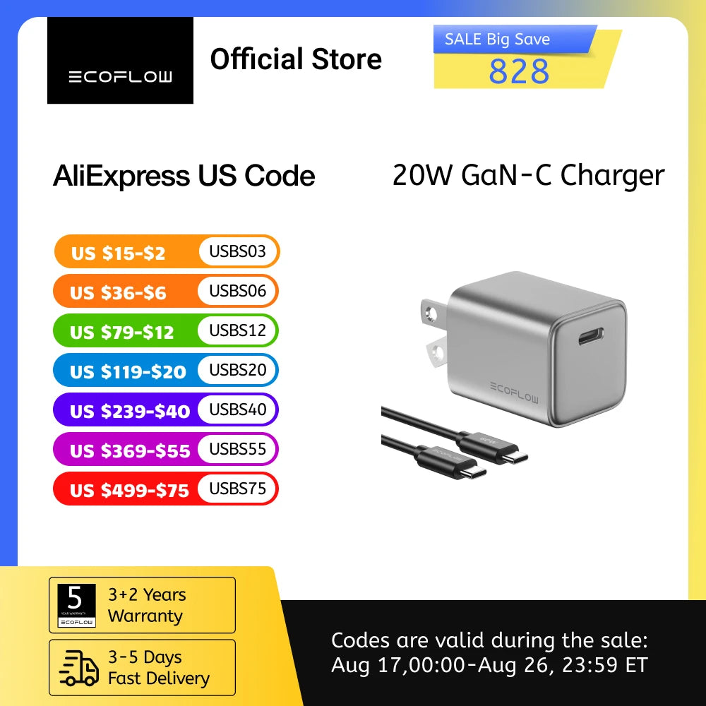 EcoFlow GaN USB C Charger With Foldable Plug For Devices