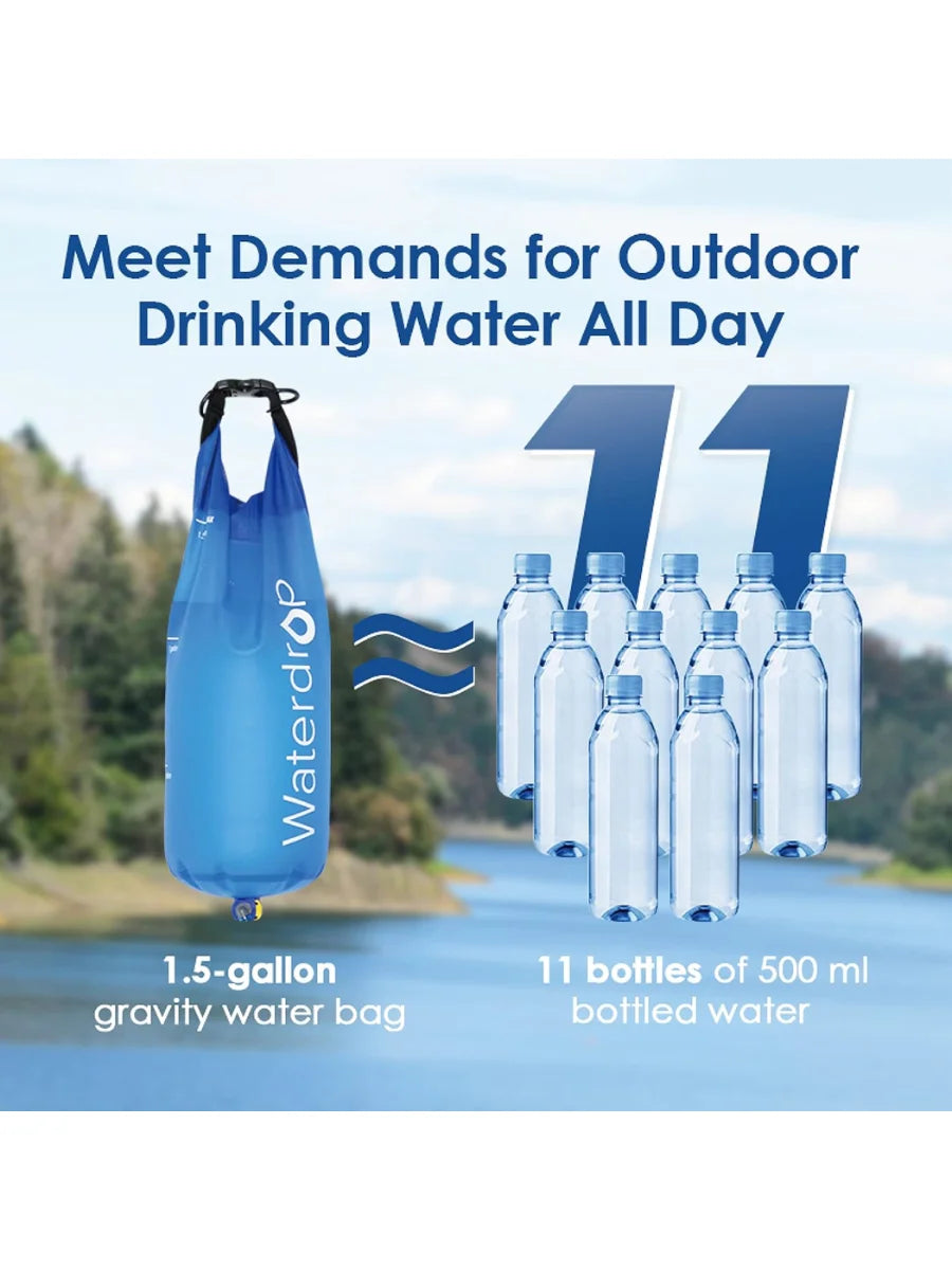 Waterdrop Gravity Water Bag, Compatible with Water Filter Straw | for Camping, Travel, Backpacking, Hiking and Emergency, Flex Foldable, 1.5 Gallon, with Outlet Tube