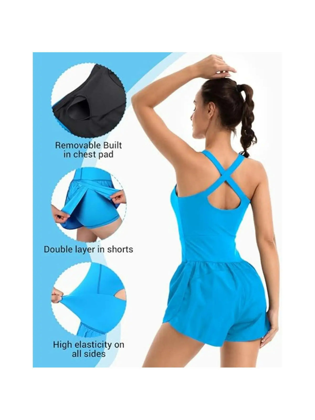 Womens Sleeveless Cross Back Workout Romper With Padded Bra