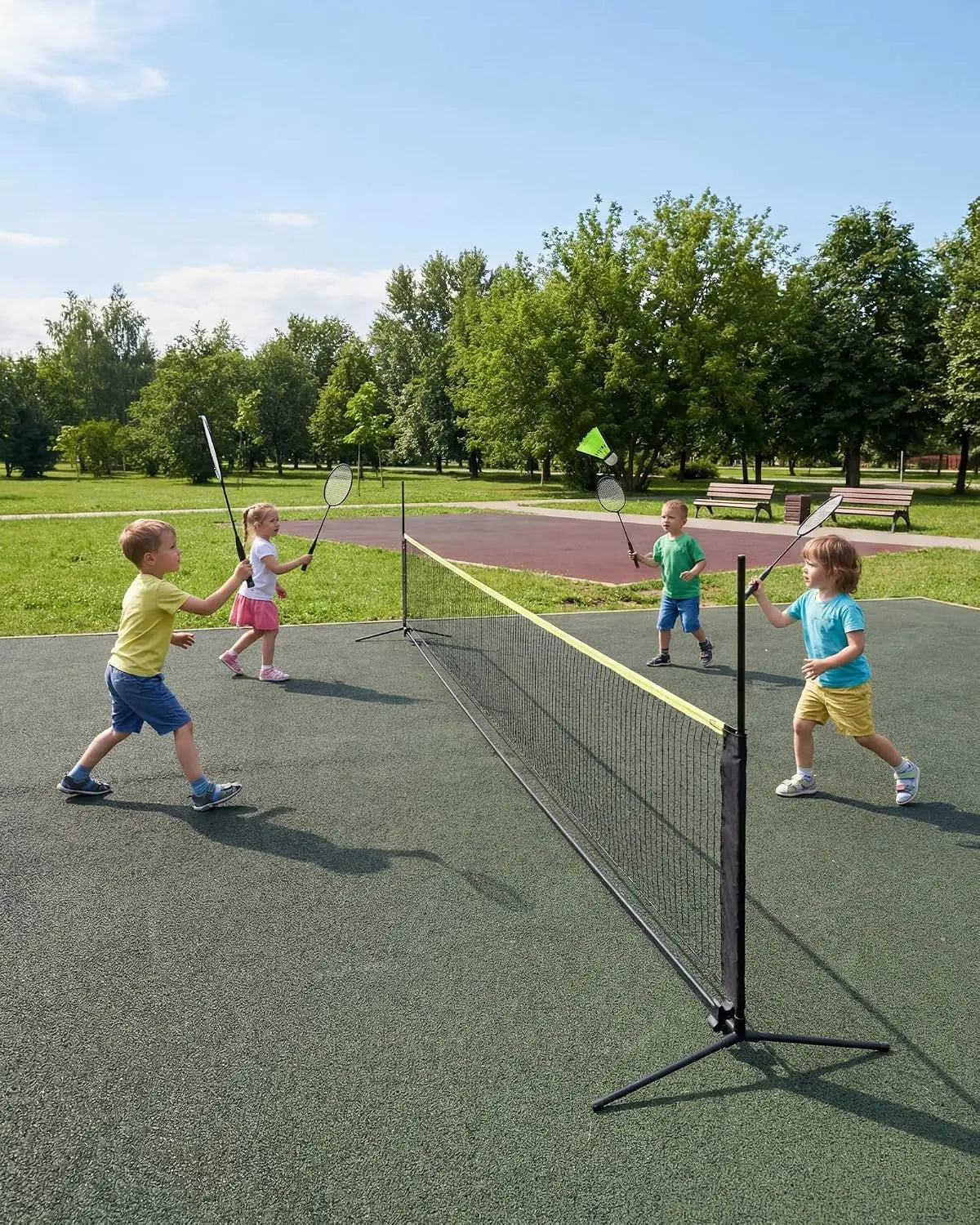 Tacleekii Badminton Net 16.8ft, Portable Set with 4 Rackets, Height Adjustable 3.5-5ft,16.8ft Court,4 Players,4 Sports In One Net,Kit + Carry Bag Included,Tool-Free Setup