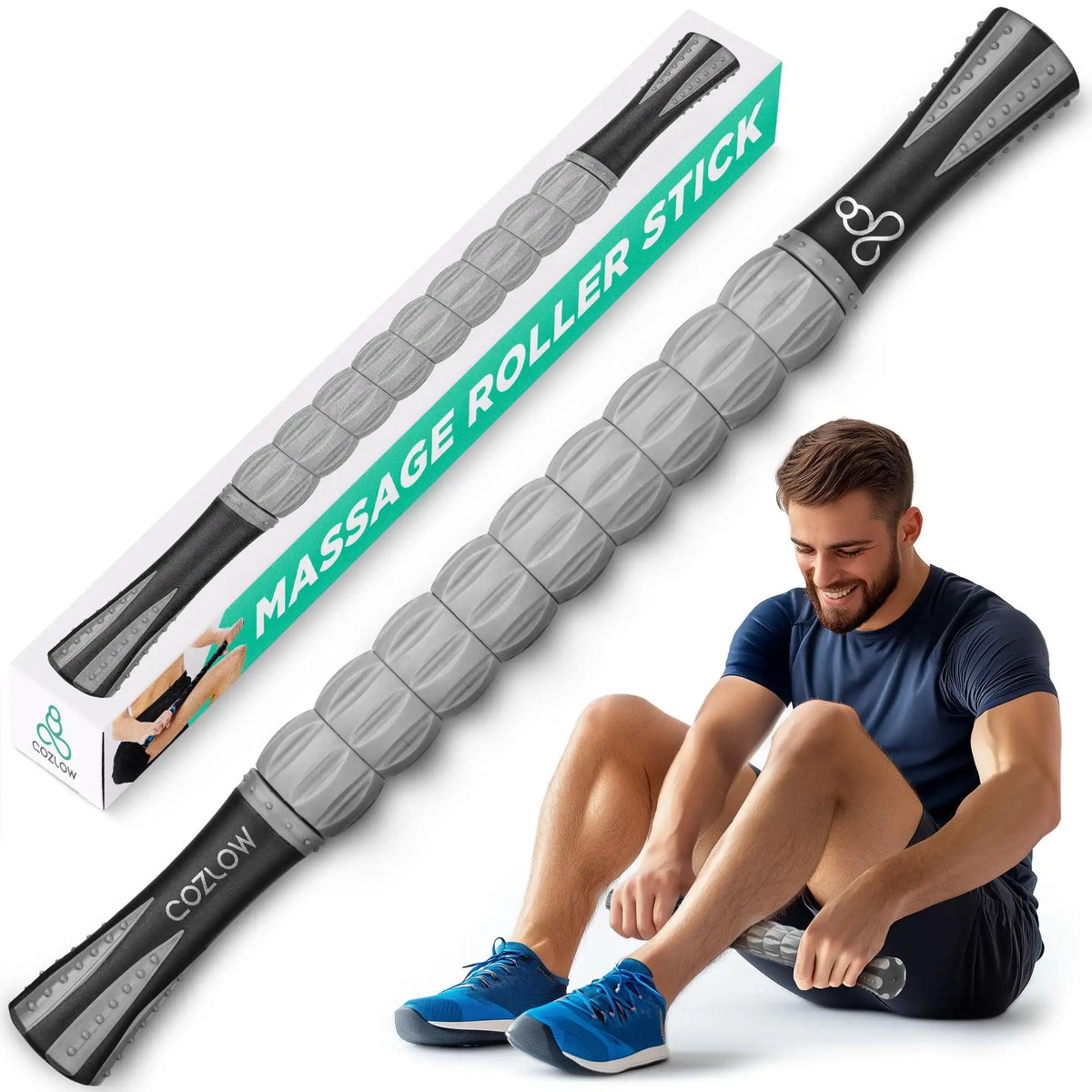 Cozlow Muscle Roller Stick, Handheld Body Massage Tool with 9 Rollers & Anti-Slip Handles back massager massage stick portable massager