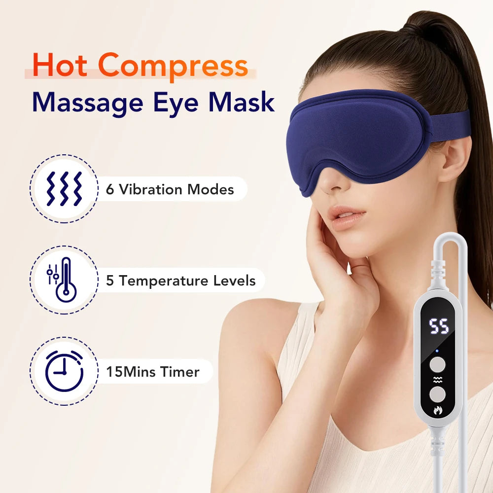 Heated Eye Massager Mask, 5 Temperature Settings 6 Vibration Intensities, 3D Shaped Relaxation Sleep Mask with Smart Timer