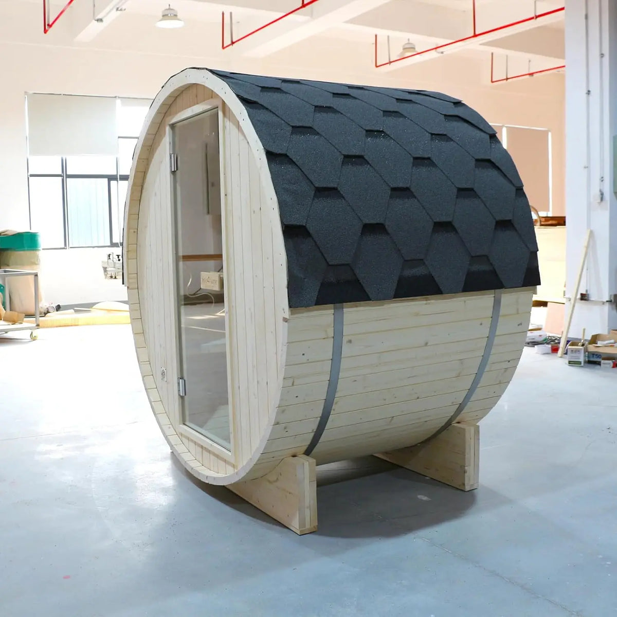 Outdoor Barrel Steam Sauna, 1-2 Person Spruce Wood Sauna Room, 4.5KW Harvia Electric Heater, Asphalt Shingle Roof