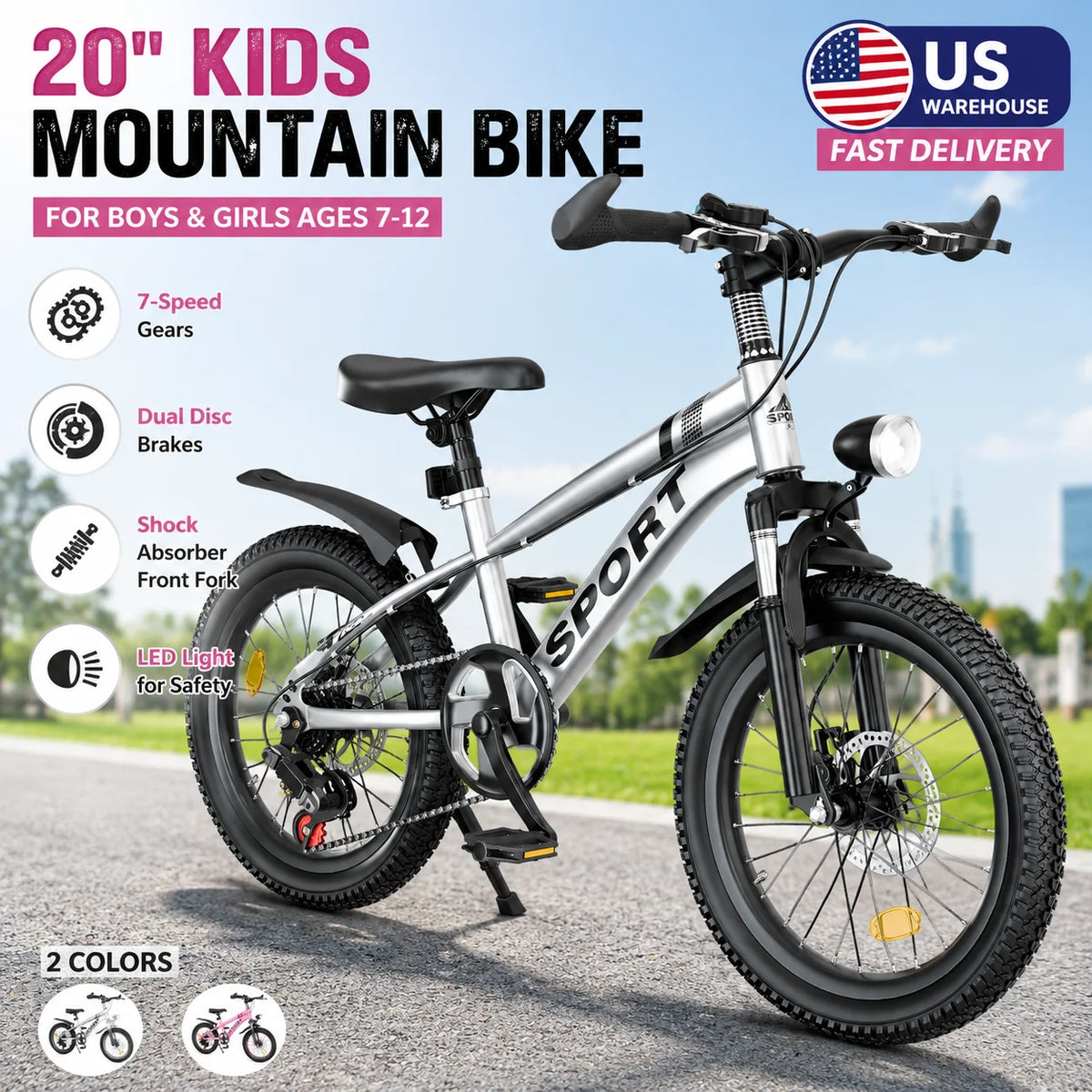 20 Inch Kids Mountain Bike for Boys & Girls Ages 7-12, 7-Speed Youth Bicycle with Front & Rear Disc Brakes, Shock-Absorbing Front Fork, LED Light, Silver & Pink, Outdoor MTB for School, Park, Trails and Daily Riding