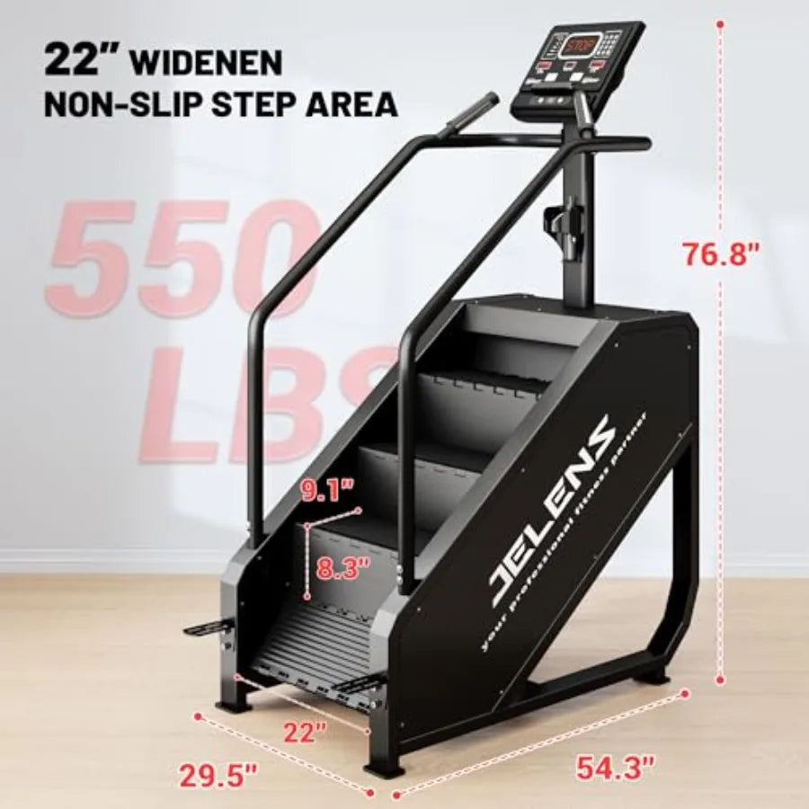 Commercial stair stepper machine with LED screen, steel frame, black color, 550 LBS capacity and 15 resistance levels for home