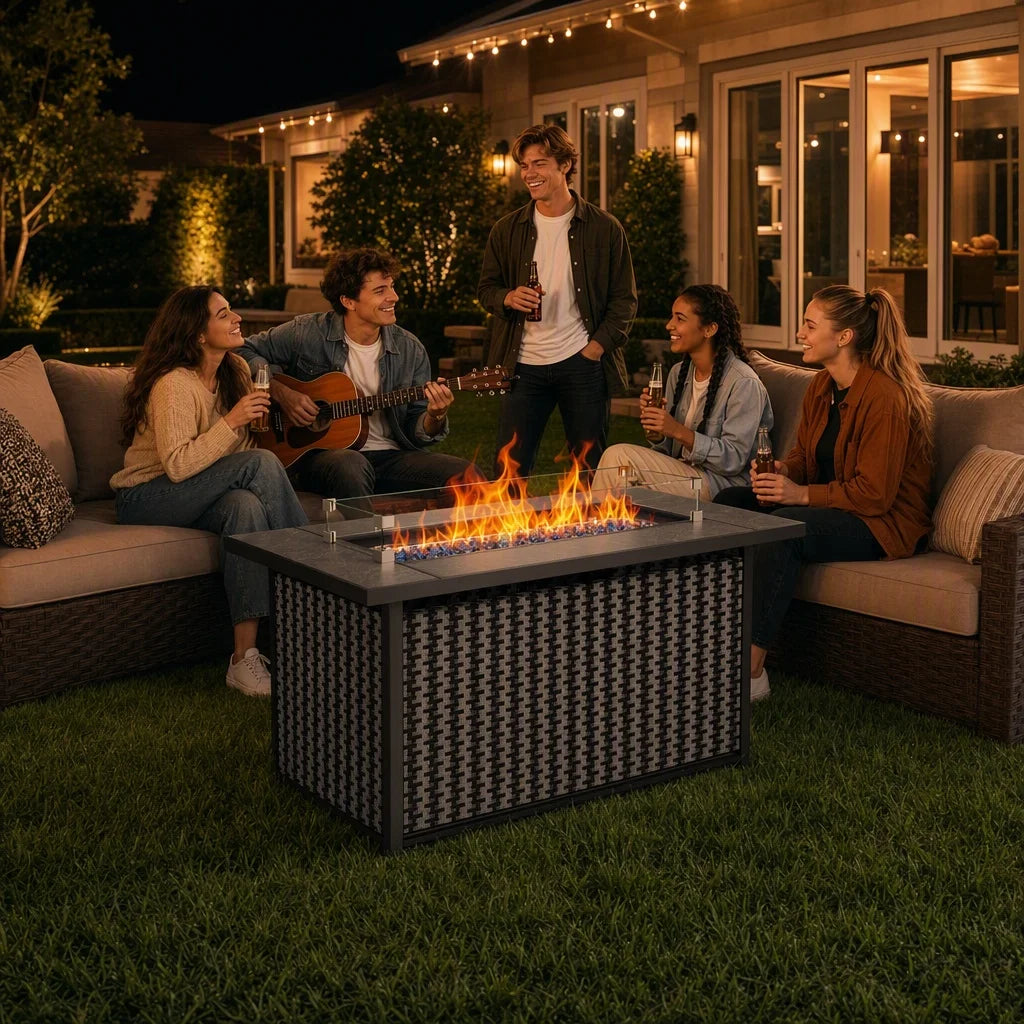 43" Outdoor Propane Fire Pit Table, 50,000 BTU Gas Fire Pit with Premium Ceramic Tabletop, Glass Wind Guard, Lid & Glass Rocks, CSA‑Certified Fire Table for Patio Backyard Party