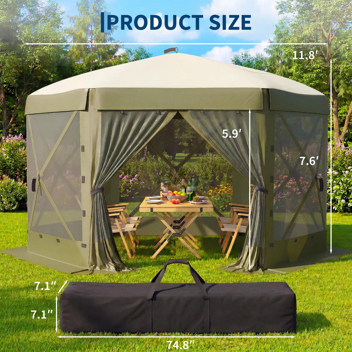 Spacious 8x8FT 11x11FT 12x12FT 6-Sided Pop-Up Shelter Screen Tent – Mesh Panels, Portable Hexagon Bug Shelter for Camping, Backyard, Patio – Easy Setup