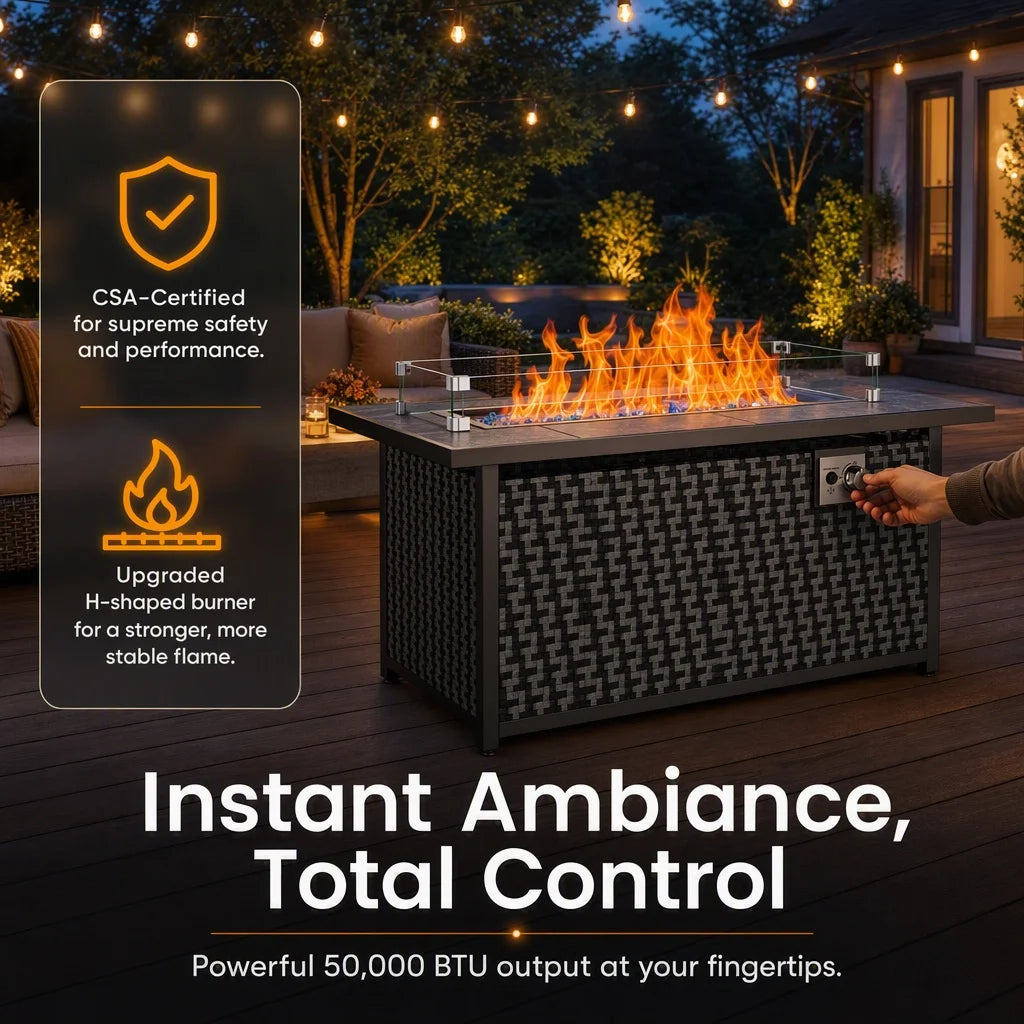 43" Outdoor Propane Fire Pit Table, 50,000 BTU Gas Fire Pit with Premium Ceramic Tabletop, Glass Wind Guard, Lid & Glass Rocks, CSA‑Certified Fire Table for Patio Backyard Party