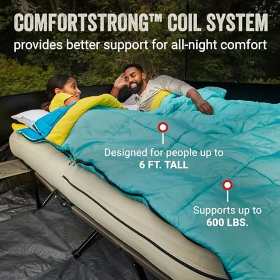 Queen-Size Airbed Cot Combination Folding Air Mattress with Steel Frame and Side Table Battery Pump Included Great for Camping