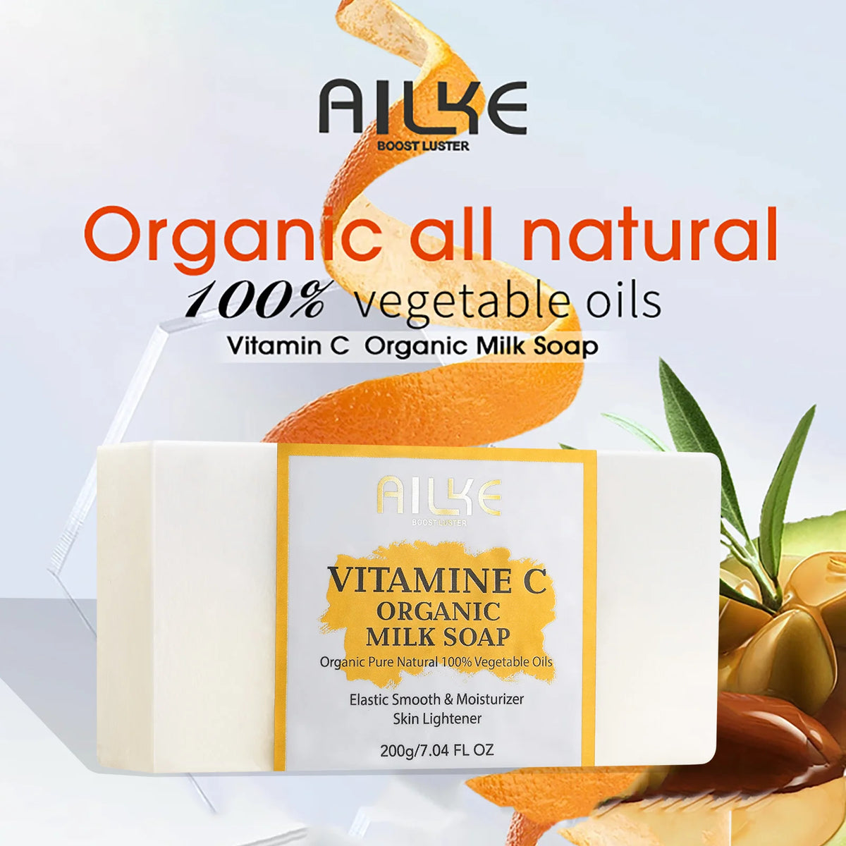 AILKE Vitamin C Organic Milk Soap Bar, Whitening, Reduce Dark Spots, Wrinkles, Smooth & Soften Skin, for Face, Body, 200g/7 oz