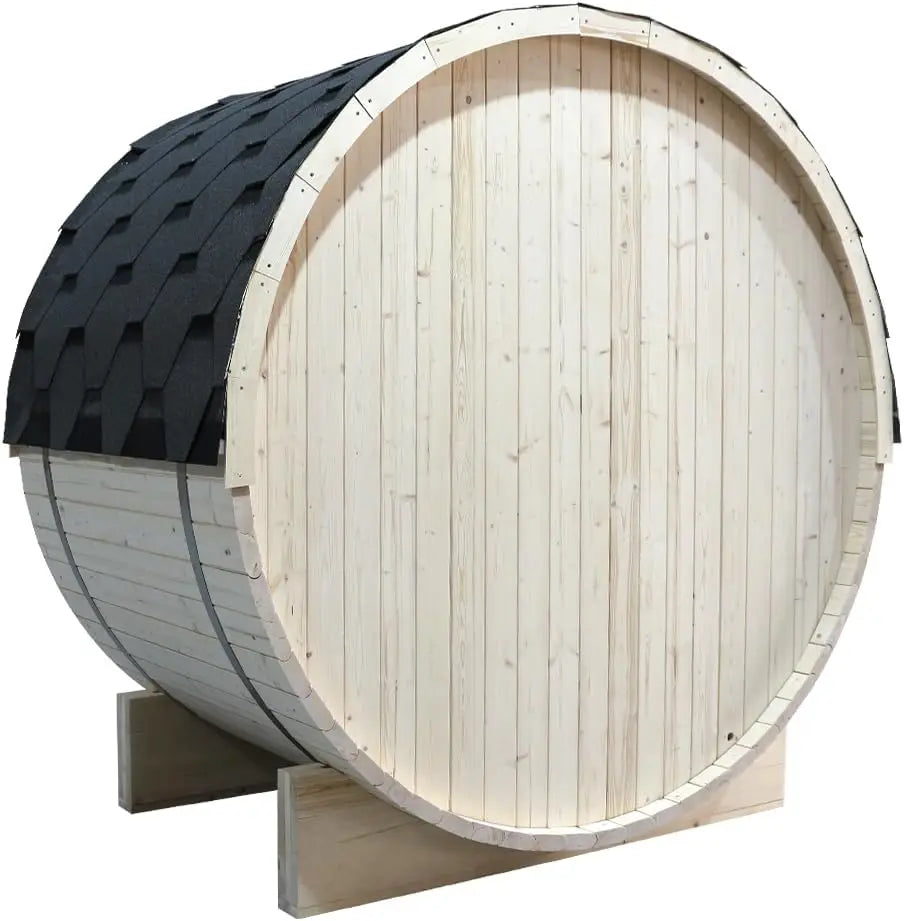 Outdoor Barrel Steam Sauna, 1-2 Person Spruce Wood Sauna Room, 4.5KW Harvia Electric Heater, Asphalt Shingle Roof