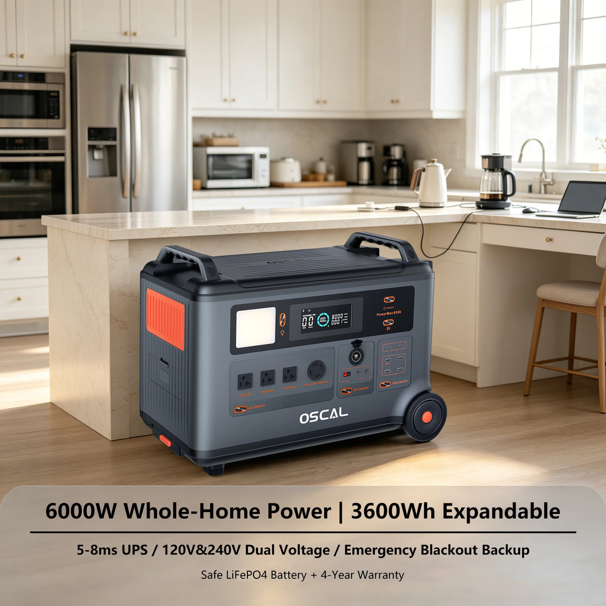 OSCAL PowerMax 6000 Whole Home Solar Generator,3600Wh LiFePO4 | 6000W (9000W Surge) | 1.96 H Charge | 240V/120V DC/AC Bi-Directional Inverter | for Home Emergency, Outdoor Camping,Hurricane Backup