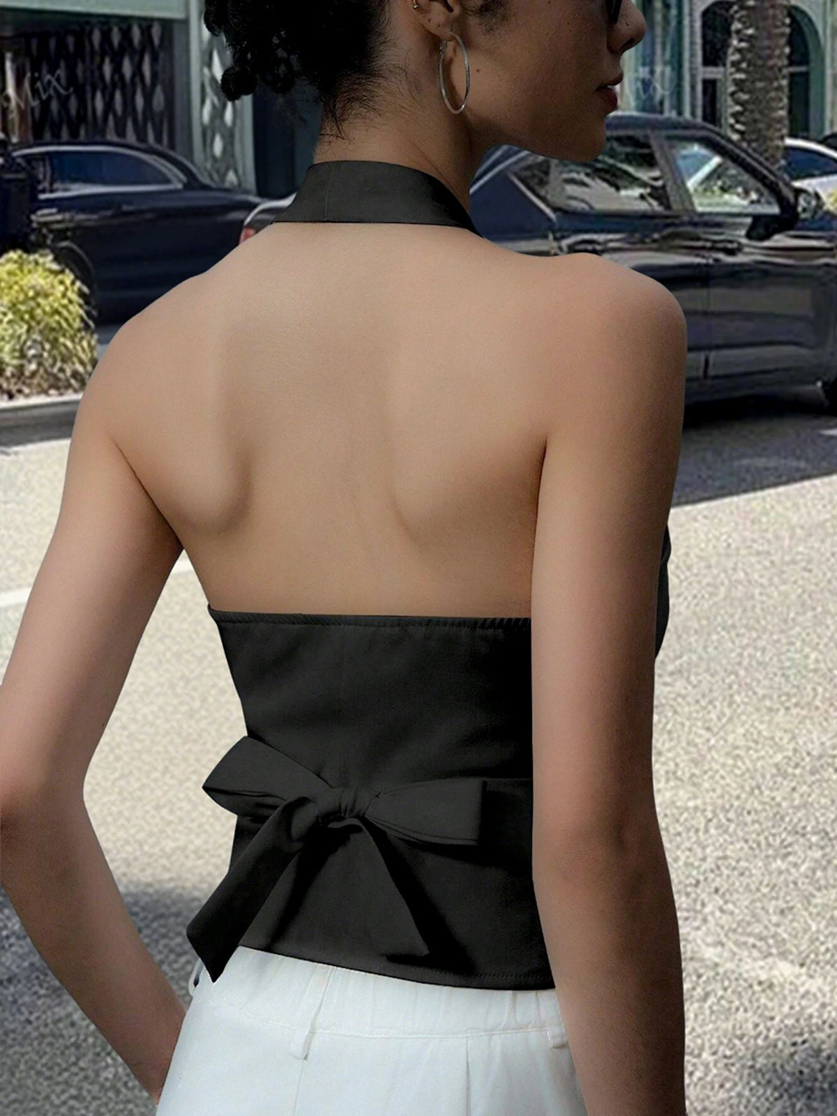 Womens Halter Neck Button Vest Top With Tie Back Detail