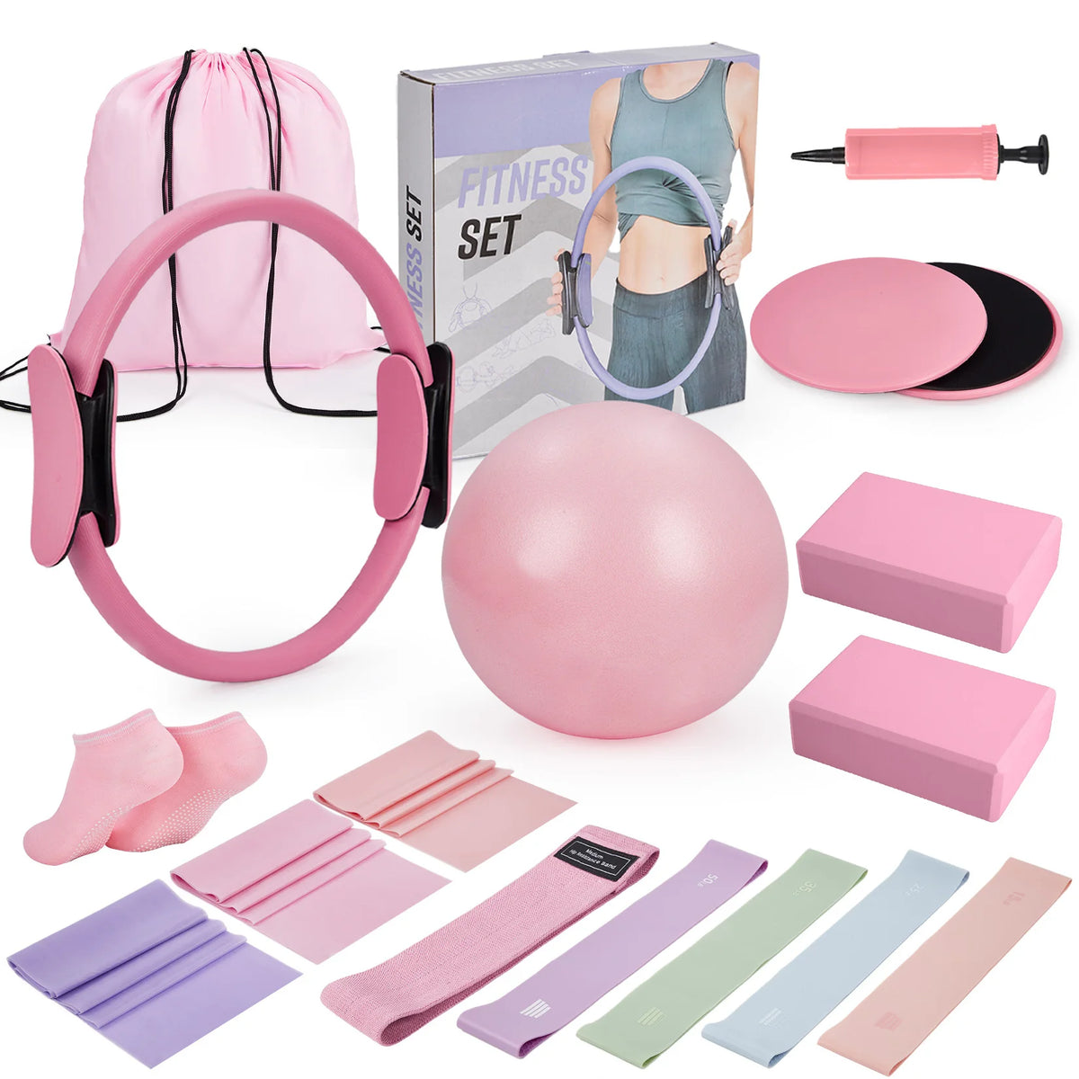 17-in-1 Pilates Ring Kit, Pilates Circle Set for Home Workouts, 9.8" Non-Slip Mini Ball, Adjustable Resistance Bands, Yoga Blocks, Gliding Discs, Full-Body Core Strength Balance & Flexibility