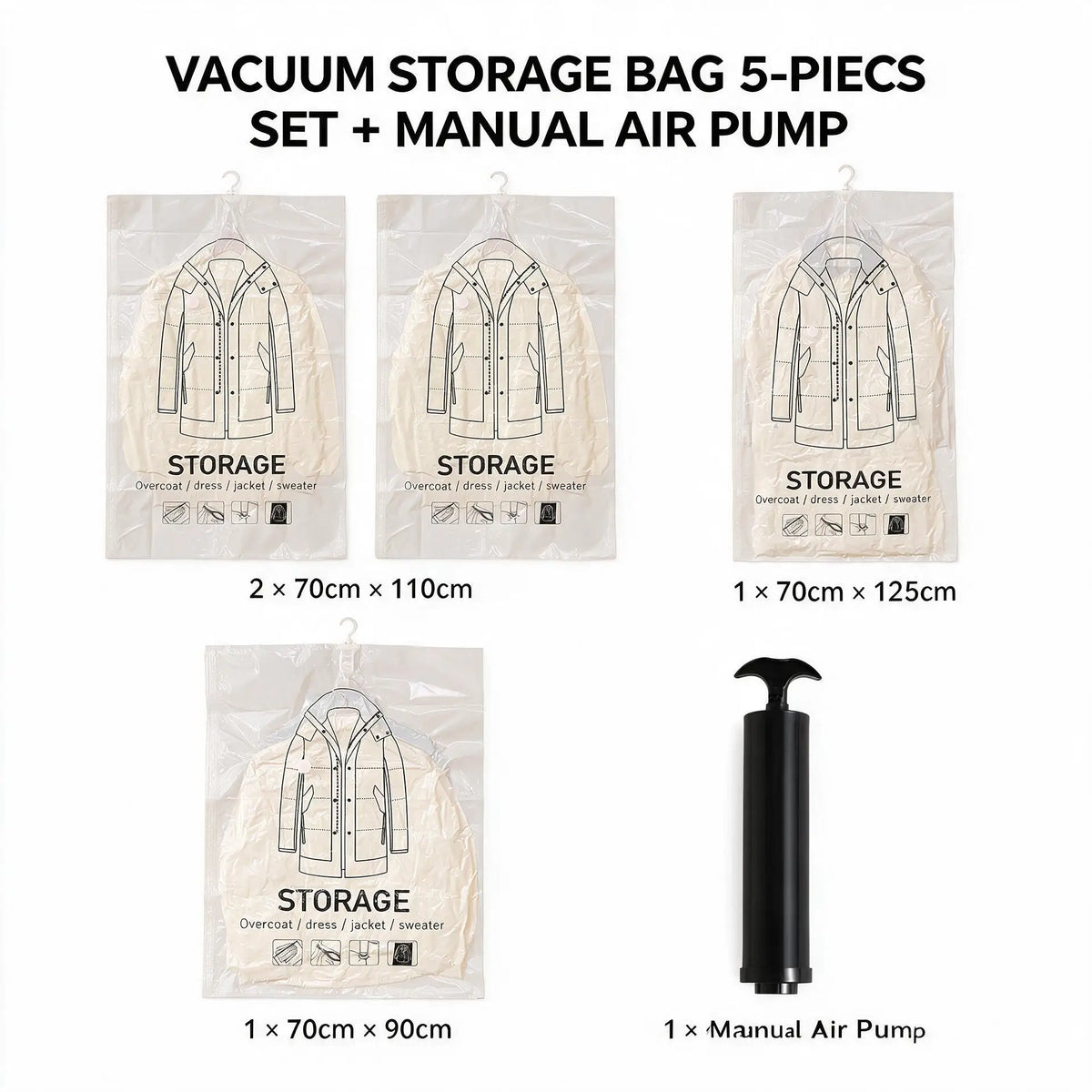 Hanging Vacuum Storage Bags for Clothes, Space Saver Garment Bags for Coats, Jackets, Dresses & Sweaters, Reusable Vacuum Seal Bags for Closet Organization, Winter Clothes, Seasonal Storage, Clear, Large Capacity, Dustproof &