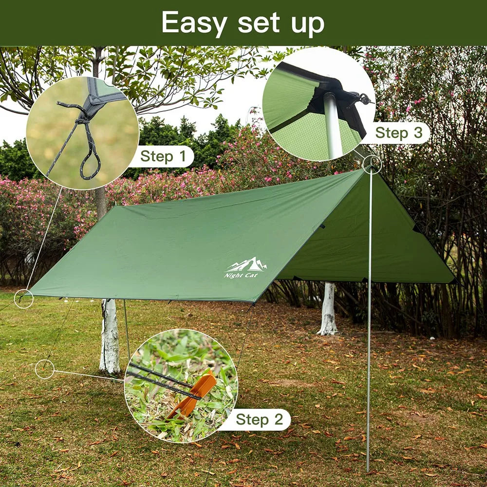 Night Cat Camping Tent Tarp Hammock Rain Fly Sunshade Shelter Tarp Waterproof Portable Lightweight for Outdoor Backpacking Hiking 12x10 ft
